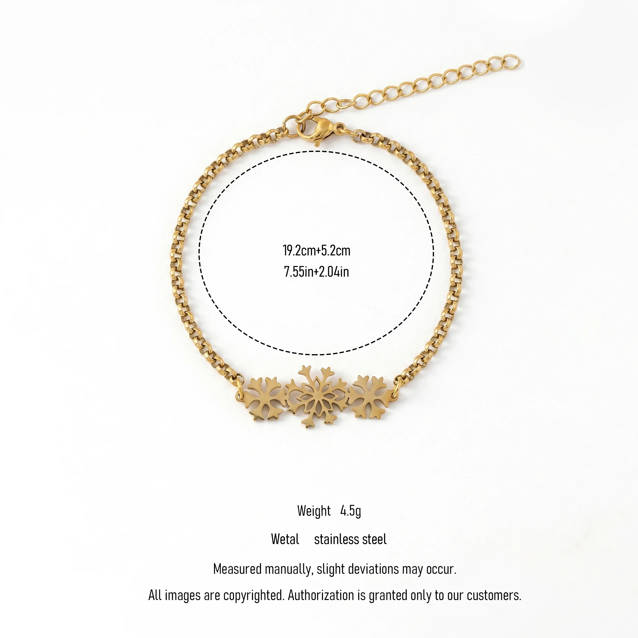 QIAOREN 11727 18K Gold Plated Stainless Steel Triple Snowflake Link Bracelet Extender Chain Winter Christmas Jewelry Gift