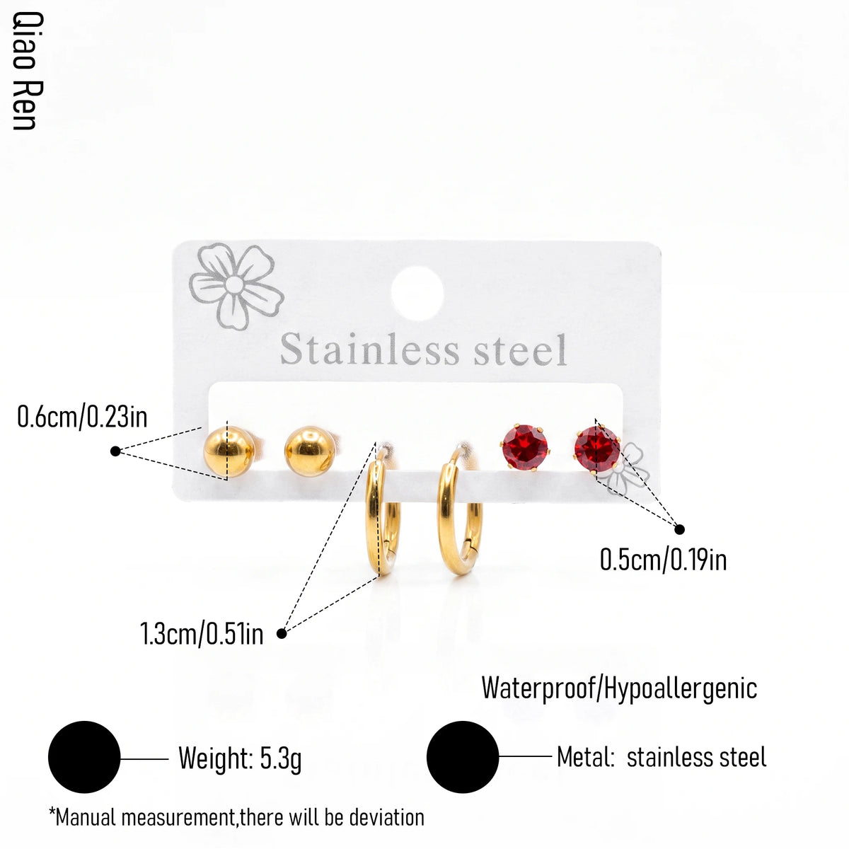 QIAOREN 14516-20 Waterproof Stainless Steel Hoop Earrings Set CZ Stud Earrings Ball Earrings Hypoallergenic Jewelry for Women