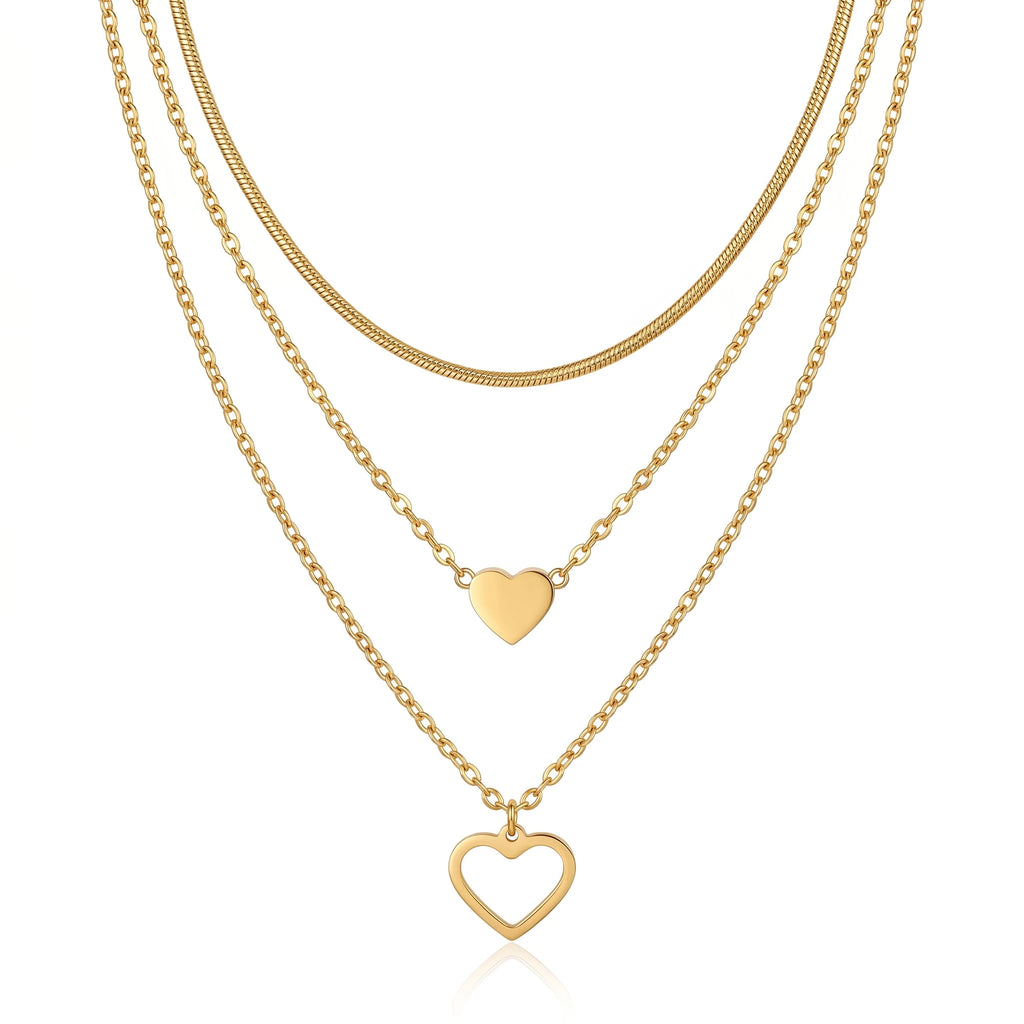 QIAOREN 10623 Trendy Layered Heart Necklace Stainless Steel Gold Plated Link Chain Party Jewelry for Women