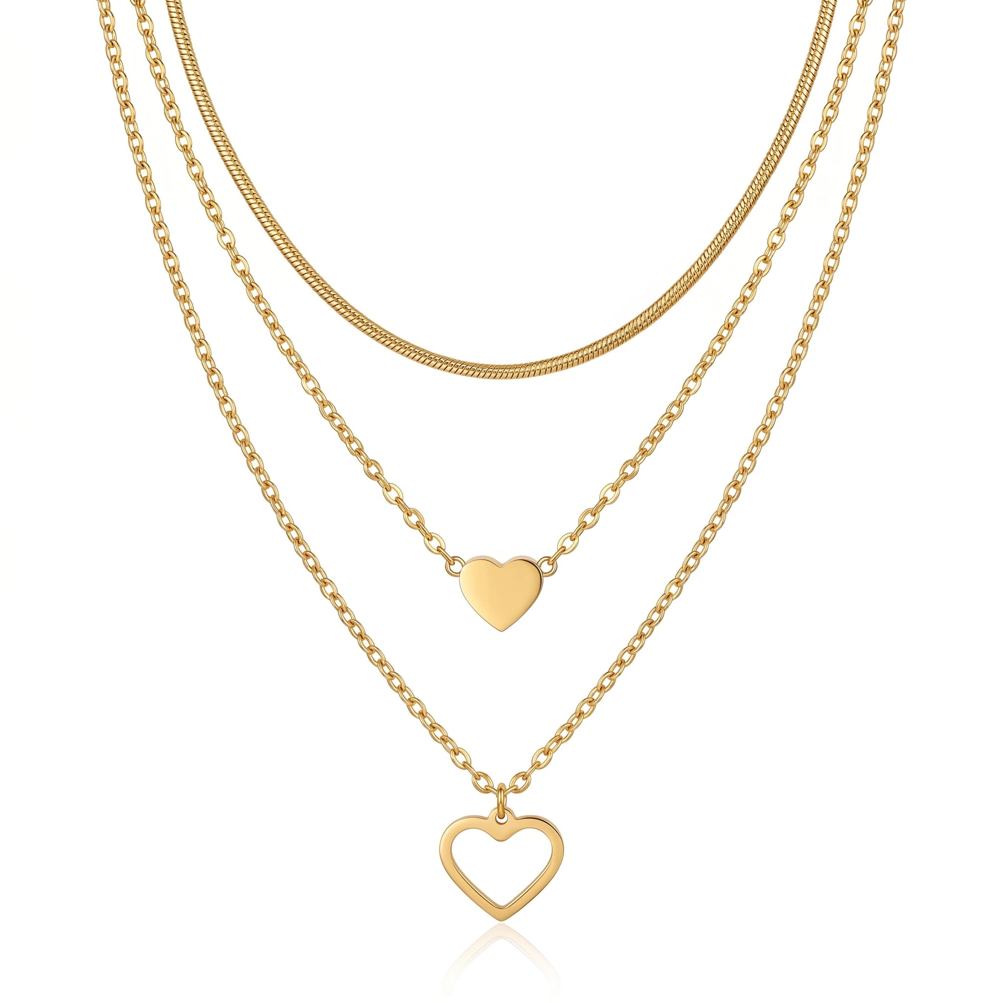 QIAOREN 10623 Trendy Layered Heart Necklace Stainless Steel Gold Plated Link Chain Party Jewelry for Women