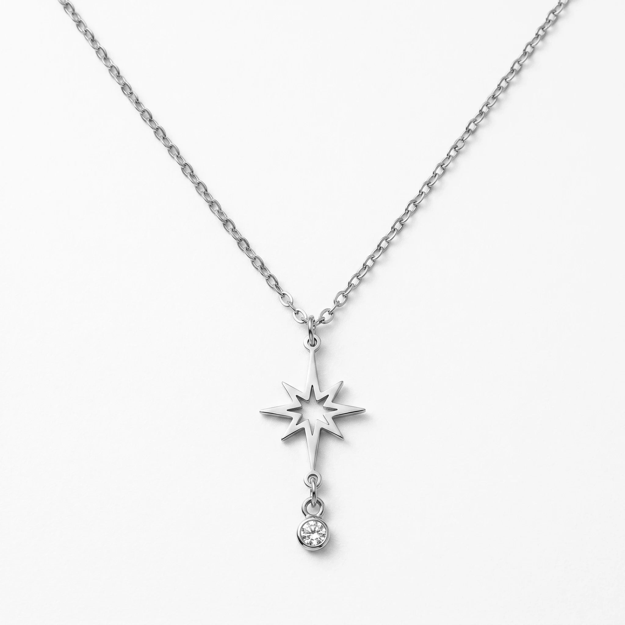 QIAOREN 11979 Wholesale 18K Gold Plated Stainless Steel North Star Pendant Necklace Hollow 8 Point Star with Dangle CZ Stone
