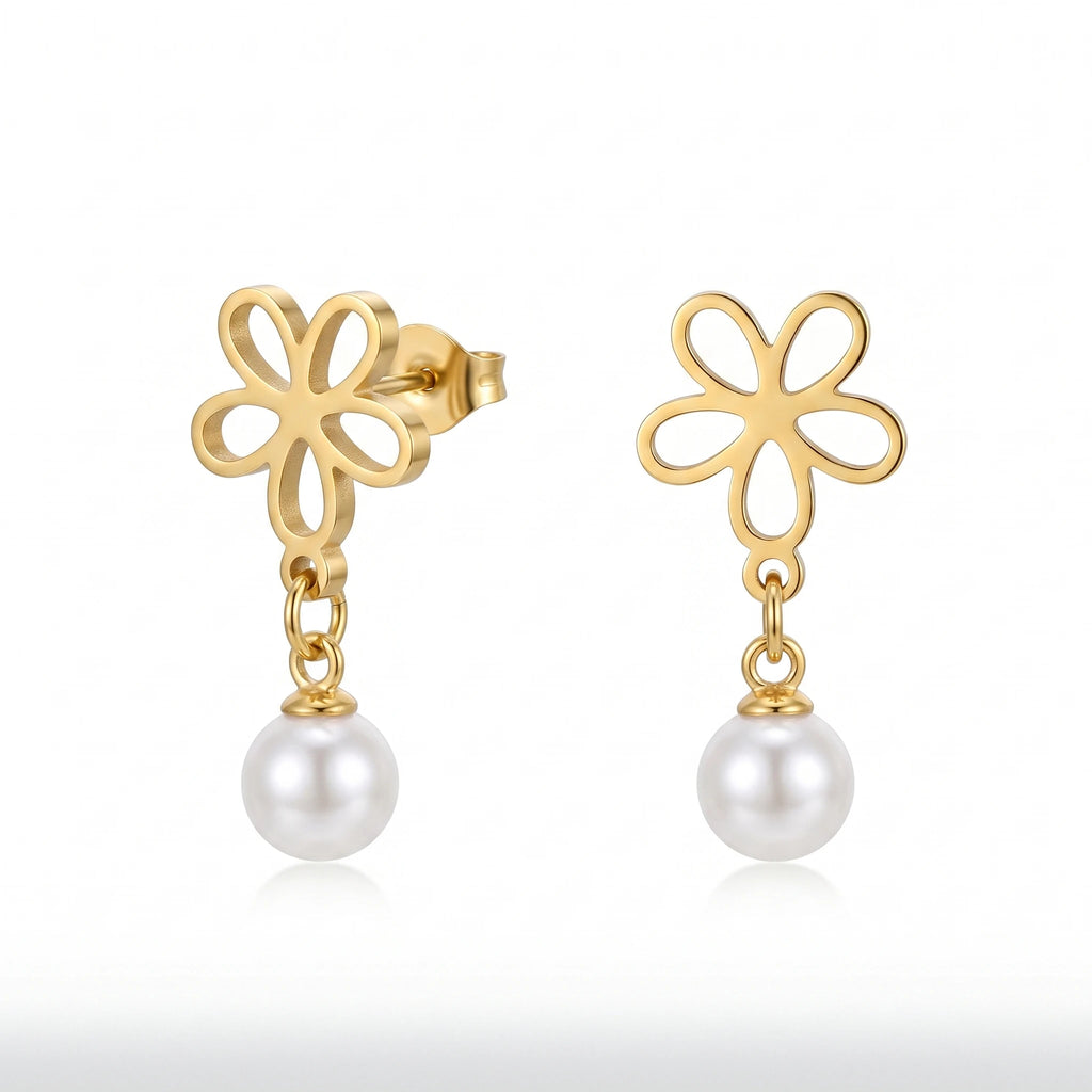 QIAOREN 10833 18K Gold Plated Stainless Steel Flower Stud Earrings with Pearl Drop for Women