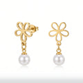 QIAOREN 10833 18K Gold Plated Stainless Steel Flower Stud Earrings with Pearl Drop for Women
