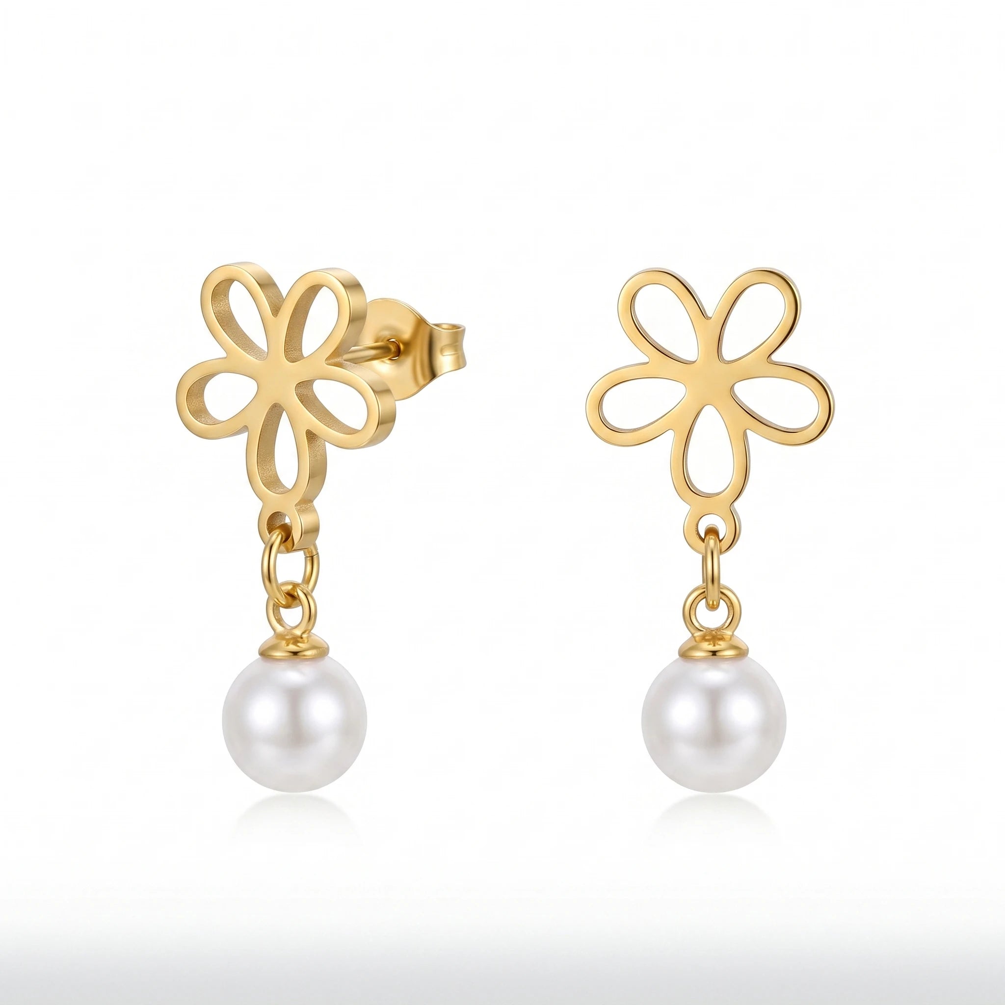 QIAOREN 10833 18K Gold Plated Stainless Steel Flower Stud Earrings with Pearl Drop for Women