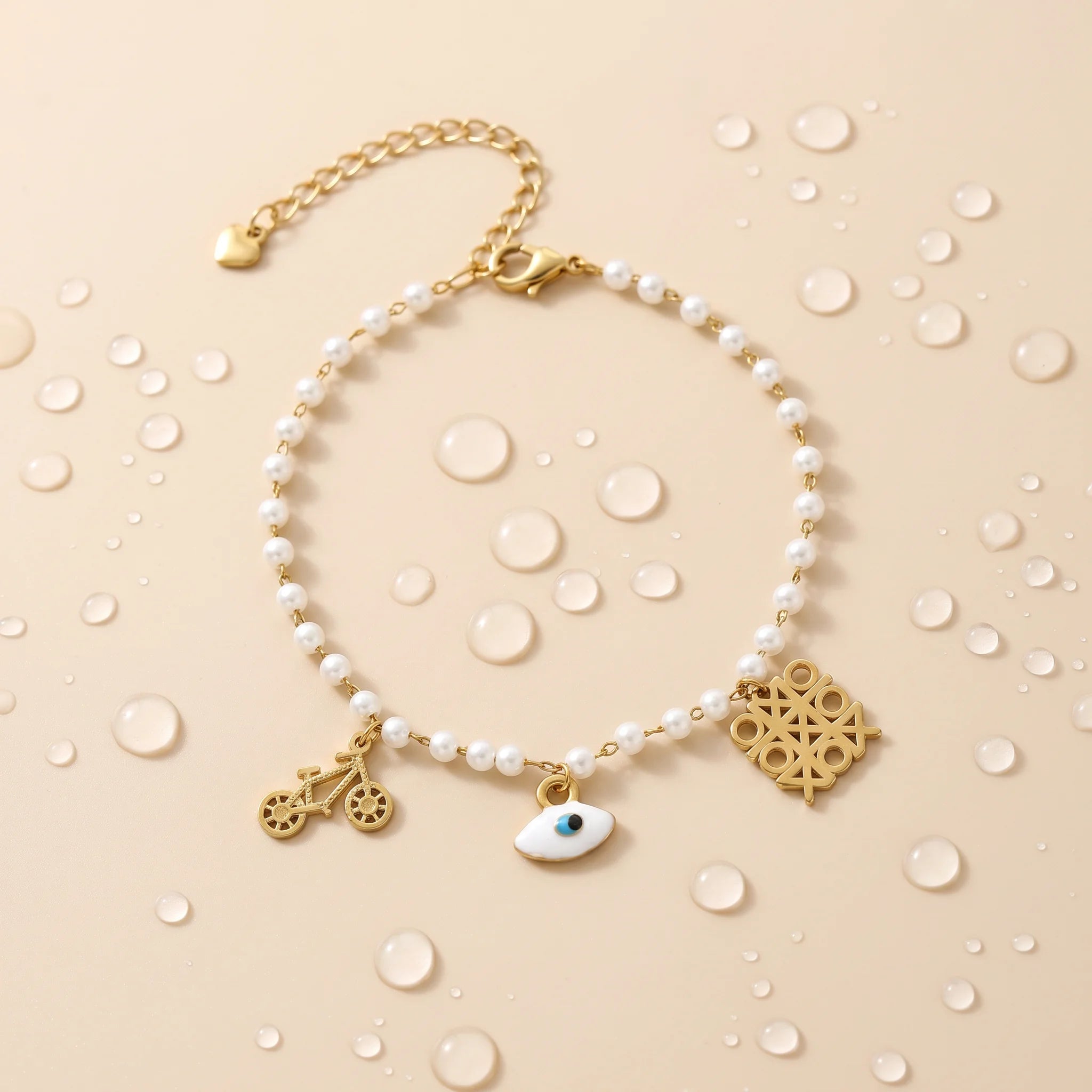 QIAOREN 13332 Vintage Pearl Anklet with Bicycle, Geometric Hollow Charms, Retro Unique Foot Jewelry Gift for Ladies Trendy