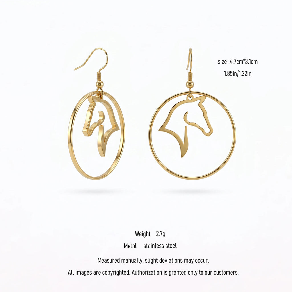 QIAOREN 10847 Hypoallergenic Stainless Steel Horse Head Earrings, Gold Plated Waterproof Drop Hoops for Equestrians