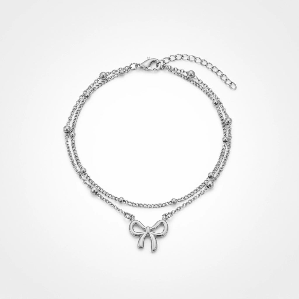 QIAOREN 10643 Summer Beach Butterfly Bow Anklet for Women Stainless Steel 18K Gold Plated Double Layered Beaded Chain Trendy