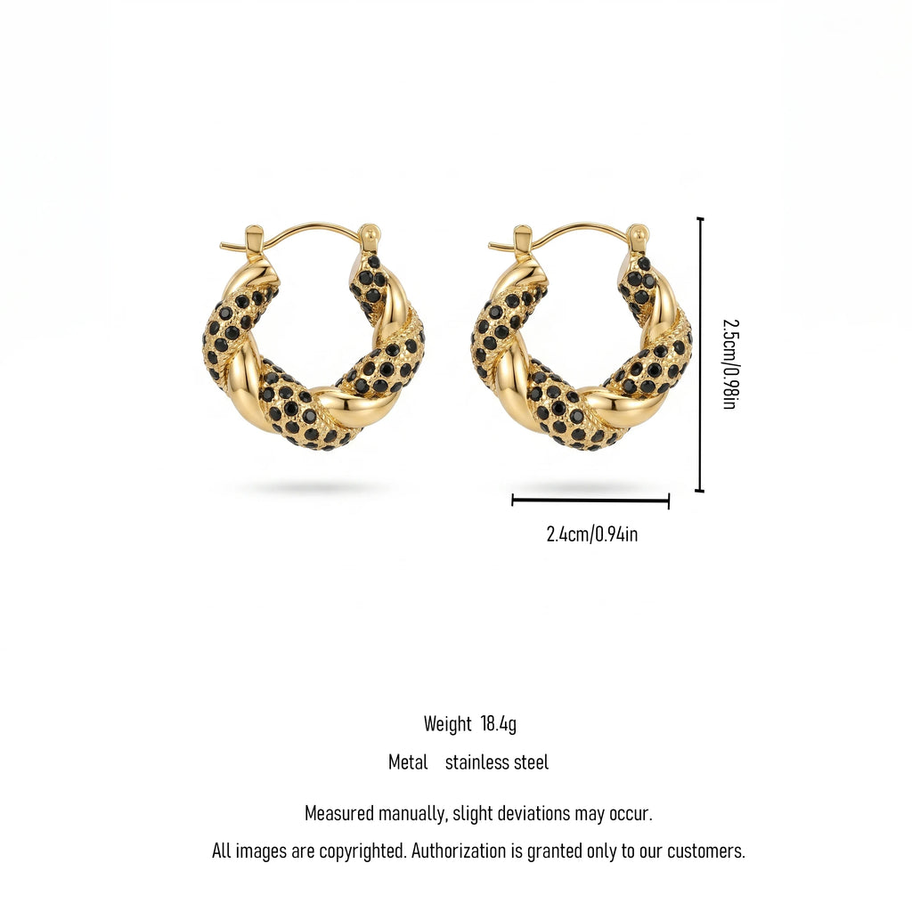 QIAOREN 12518 Waterproof Tarnish Free Black Gemstone Twisted Hoops 18K Gold Stainless Steel Bold Spiral Earrings Women