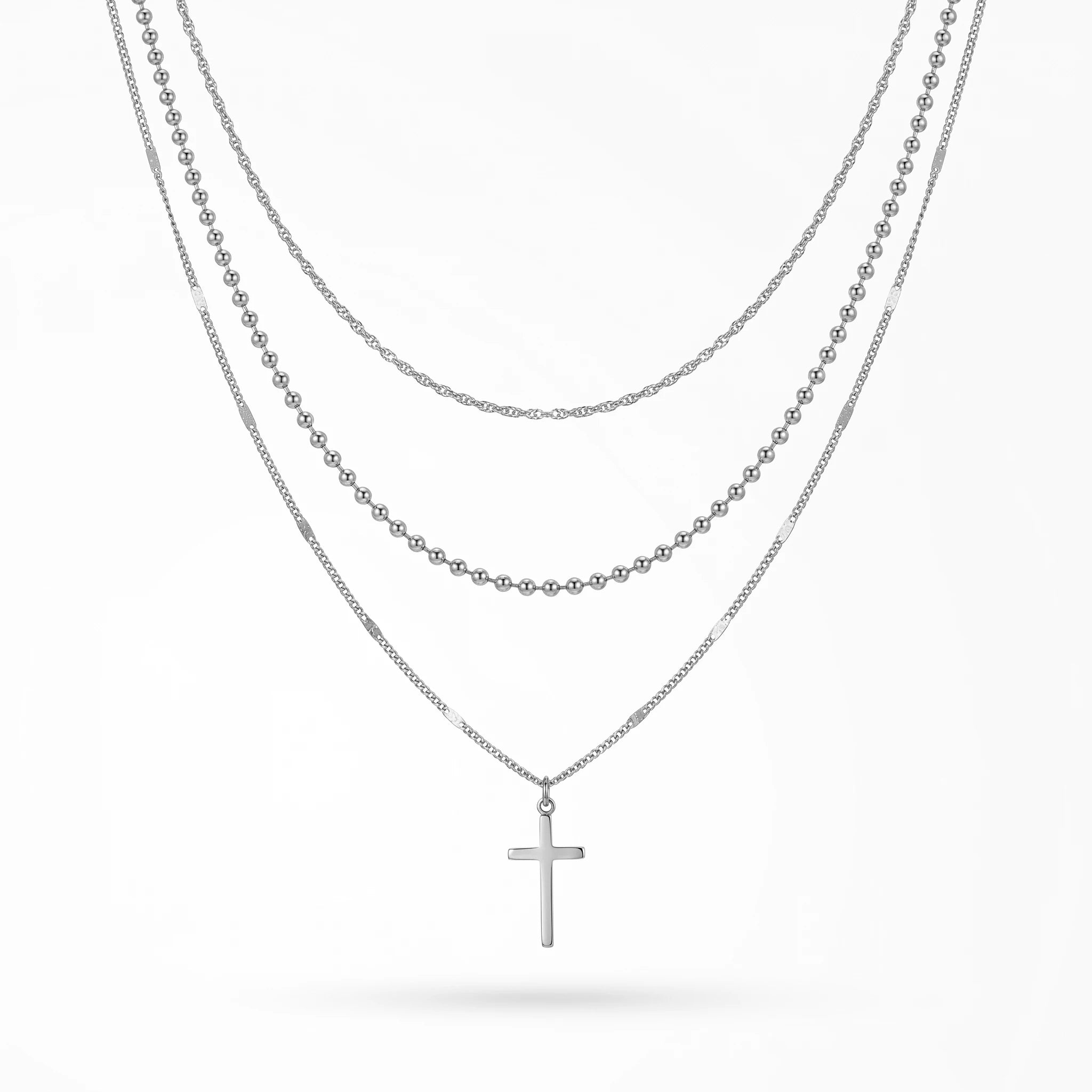 QIAOREN 10602 3 Layered Cross Pendant Necklace Link Chain 18K Gold Plated Stainless Steel Waterproof Tarnish Free Unisex Jewelry