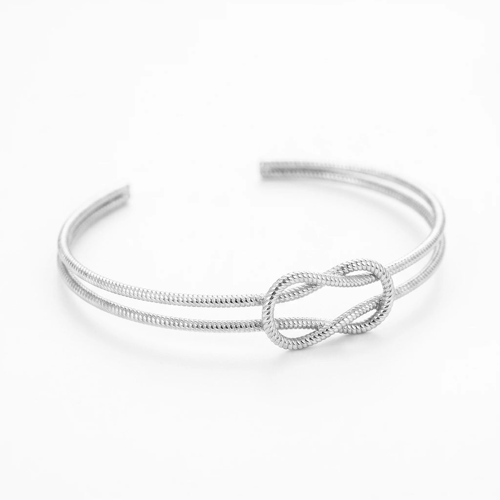 QIAOREN 12773 Stainless Steel Twisted Rope Love Knot Cuff Bangle Adjustable Open Silver Minimal Stack Wrist Bracelet for Women