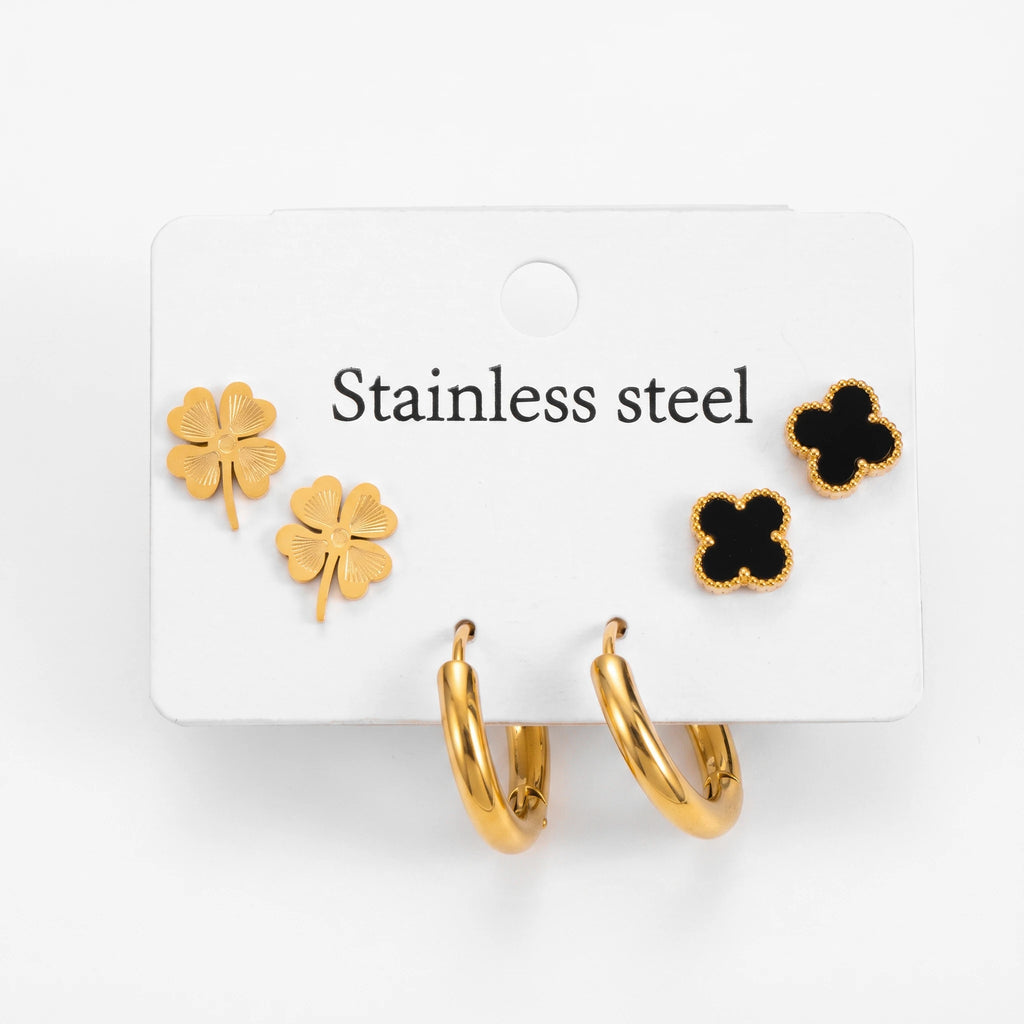 QIAOREN 14462 3 Pair Gold Stainless Steel Earrings Set, Textured Clover Studs, Black Enamel Clover Studs & Chunky Earrings