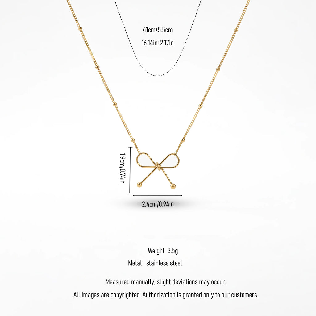QIAOREN 13985 Beaded Oval Link Chain Pendant Necklace with Hollow Line Bow Charm, Polished Gold Minimalist Bow Collar