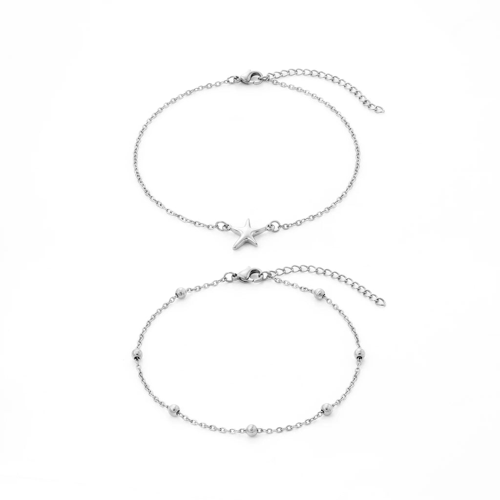 QIAOREN 11671 Tarnish Free 18K Gold Stainless Steel Anklet Set Starfish & Beaded Chain Beach Foot Jewelry