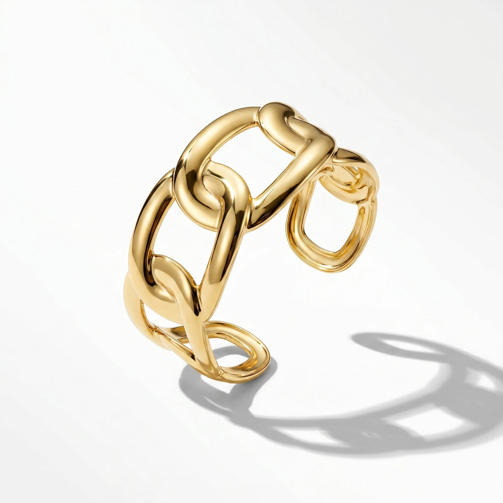 QIAOREN 12721 Modern Geometric Thick Intertwined Rectangular Link Wide Cuff Bangle Hypoallergenic Stainless Steel Gold Bracelet