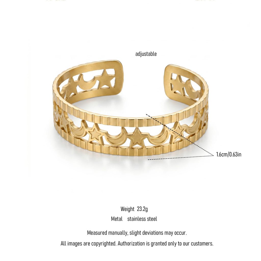 QIAOREN 11888 18K Gold Plated Stainless Steel Anti-Tarnish Hollow Star Moon Open Cuff Bracelet Wide Edge Textured Bangle