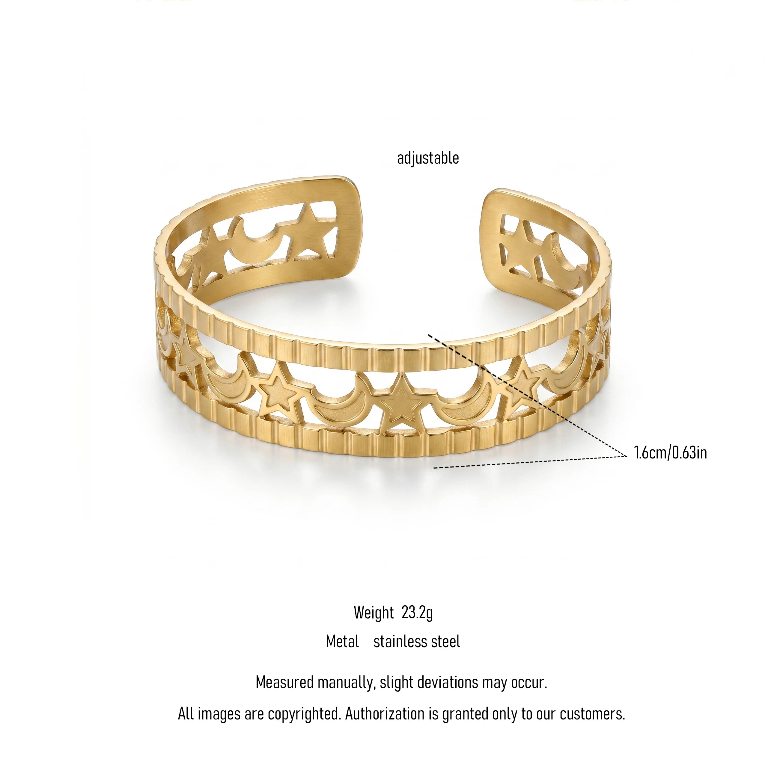 QIAOREN 11888 18K Gold Plated Stainless Steel Anti-Tarnish Hollow Star Moon Open Cuff Bracelet Wide Edge Textured Bangle