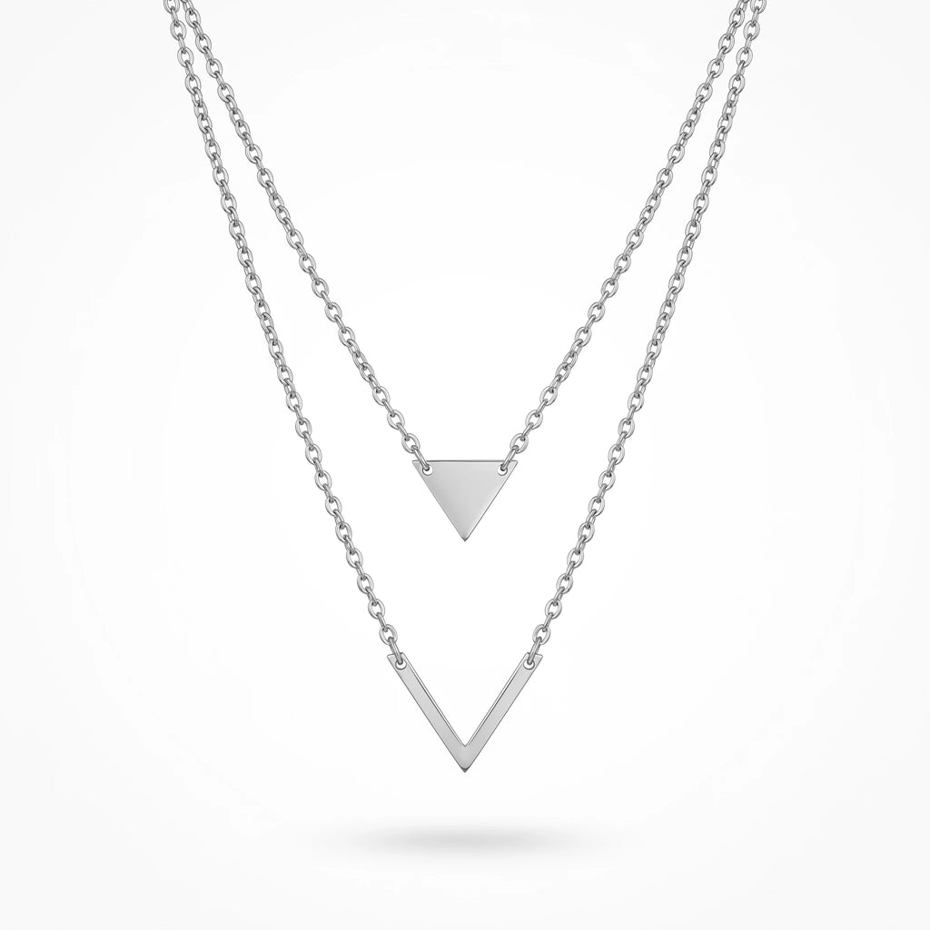 QIAOREN 11799 18K Gold Plated Stainless Steel Tarnish-Resistant Geometric Double Layer Triangle & Chevron Necklace