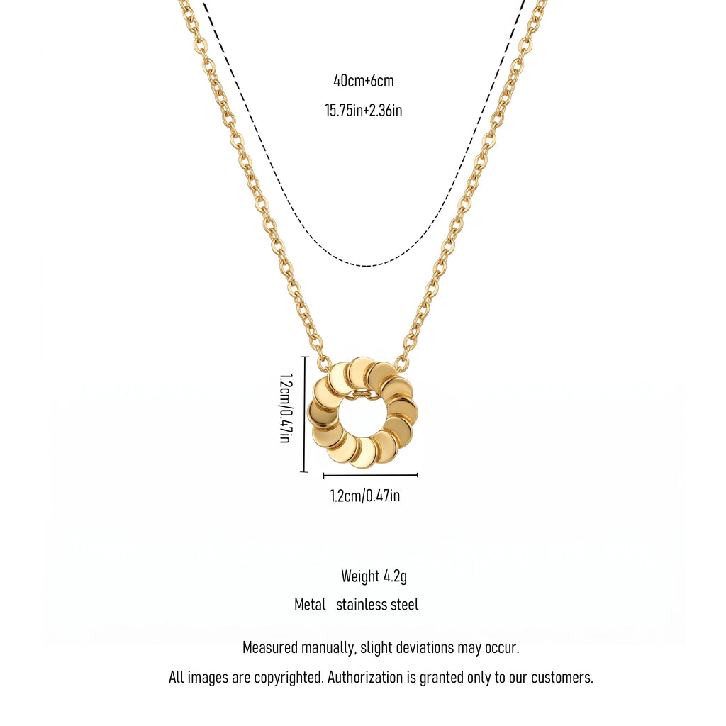 QIAOREN 13805 Thin Oval Link Chain Pendant Necklace with Stacked Disc Wreath Hollow Circle Charm