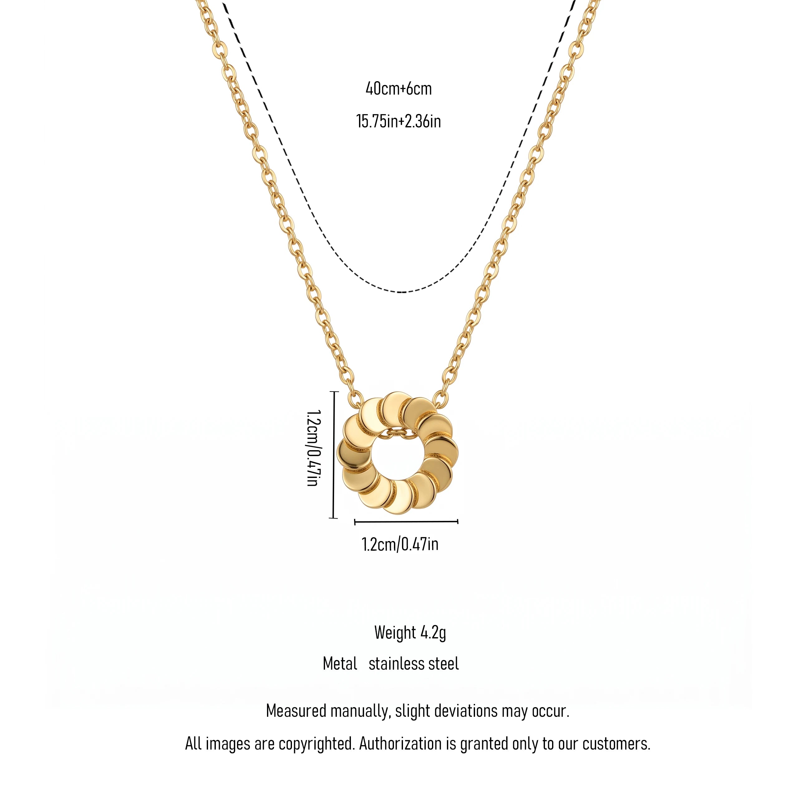 QIAOREN 13805 Thin Oval Link Chain Pendant Necklace with Stacked Disc Wreath Hollow Circle Charm