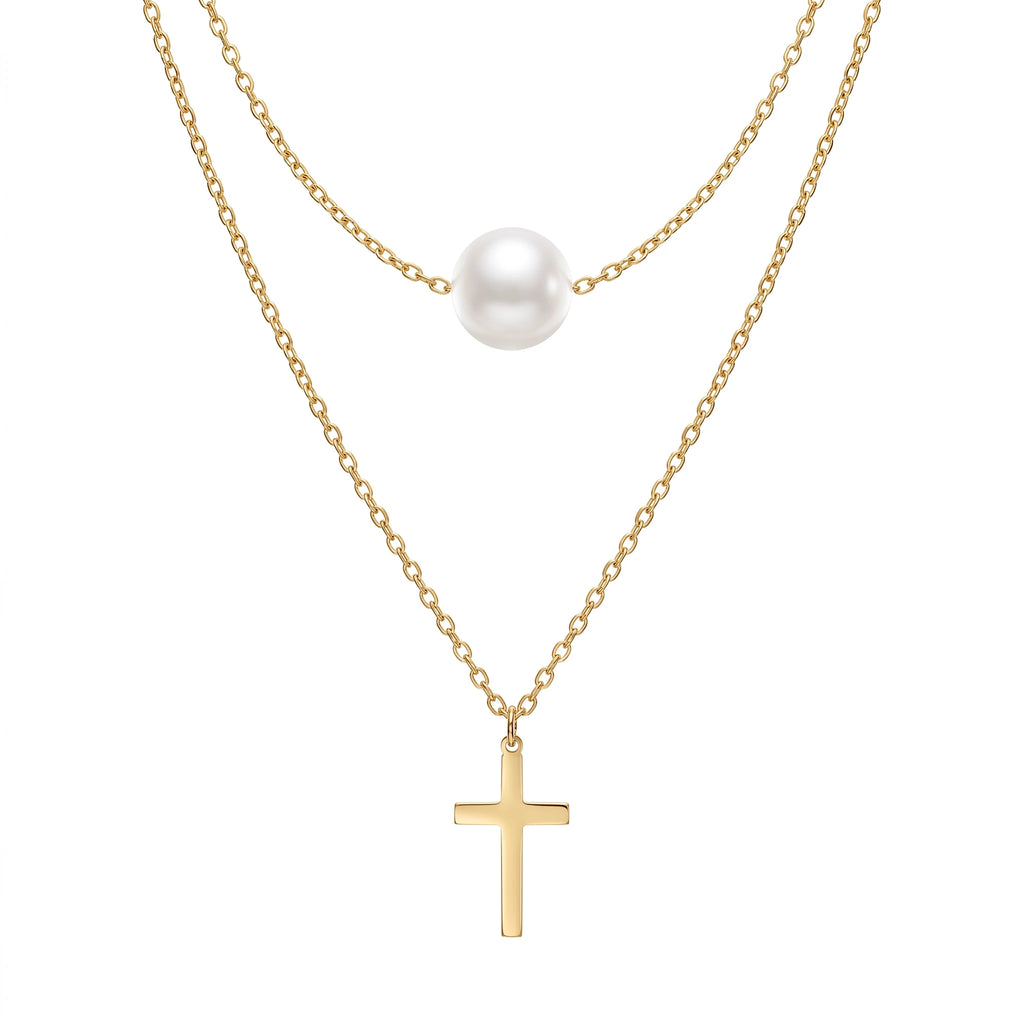 QIAOREN 13804 Oval Link Chain Heart Pendant Necklace with Interlocking Double Circle  & Dangling Single Zircon Drop
