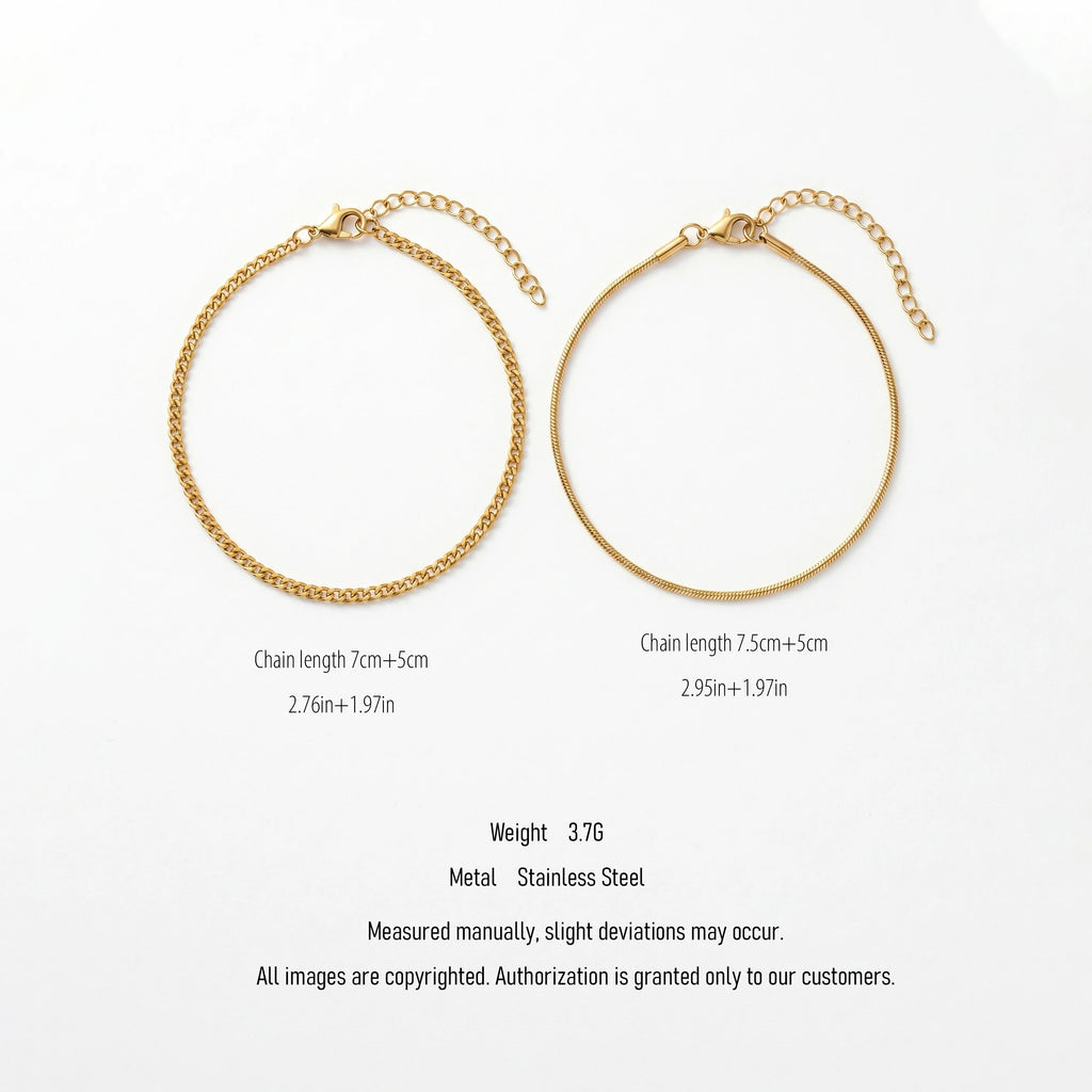 QIAOREN 10596 18K Gold Plated 2PCS Curb & Herringbone Chain Bracelet Set Stainless Steel Tarnish Free