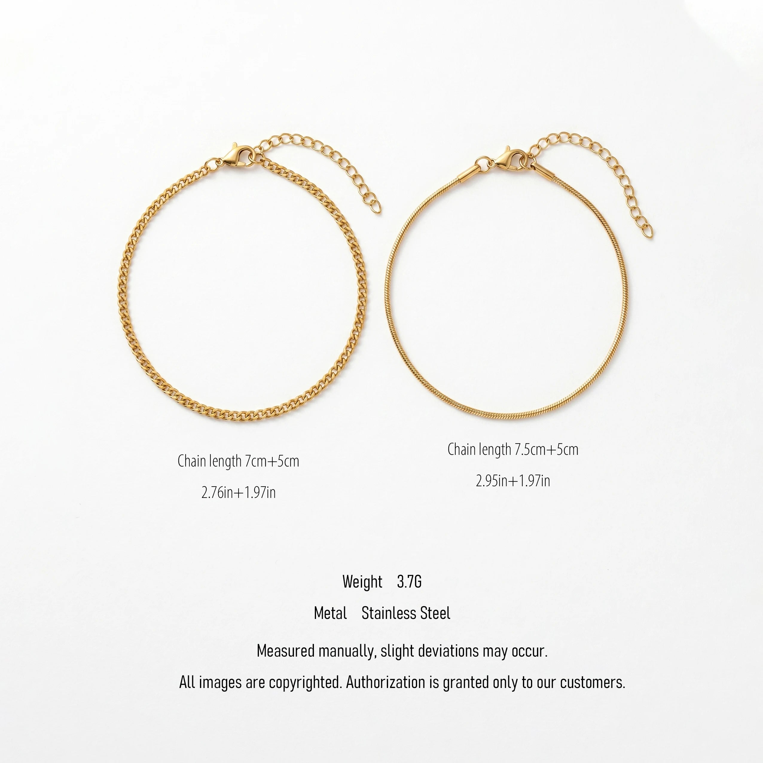 QIAOREN 10596 18K Gold Plated 2PCS Curb & Herringbone Chain Bracelet Set Stainless Steel Tarnish Free