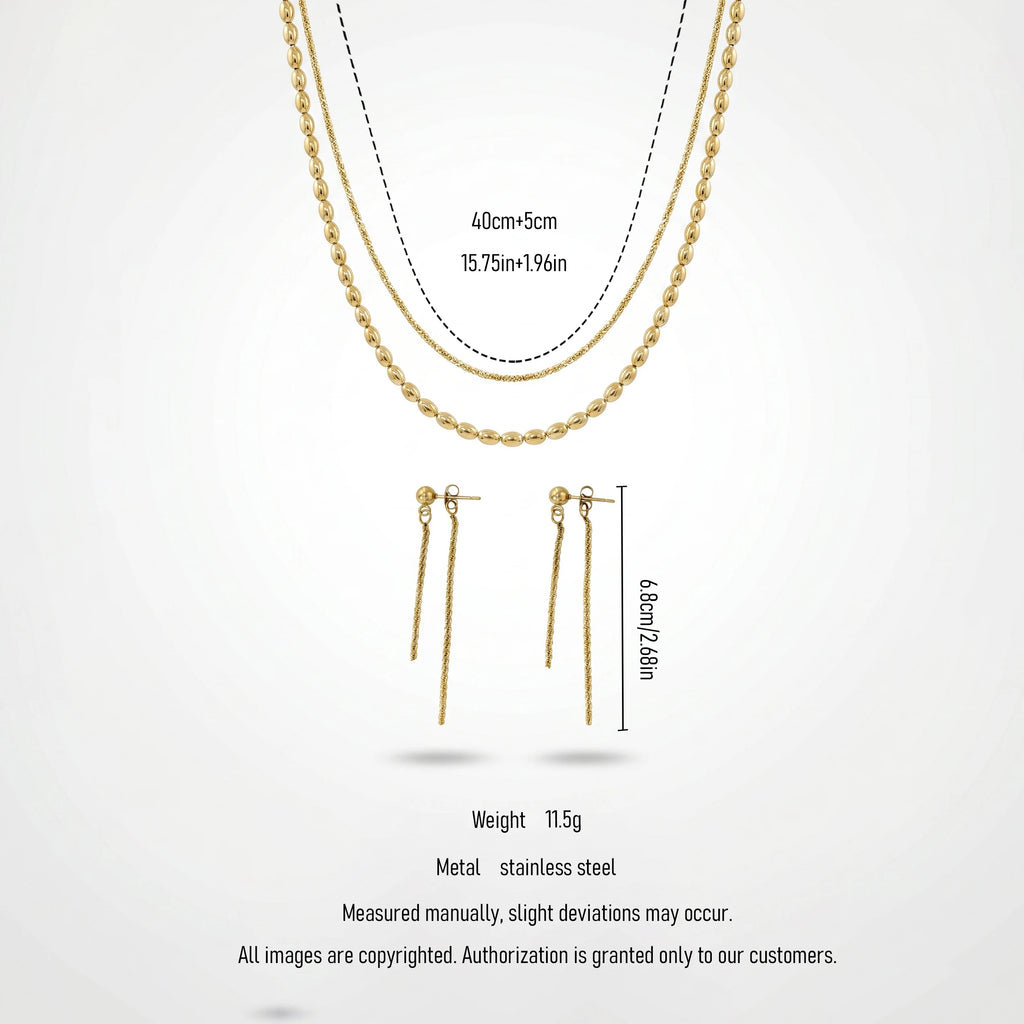 QIAOREN 11542 18K Gold Plated Oval Bead Chain & Tassel Drop Earrings Set Stainless Steel Tarnish Free