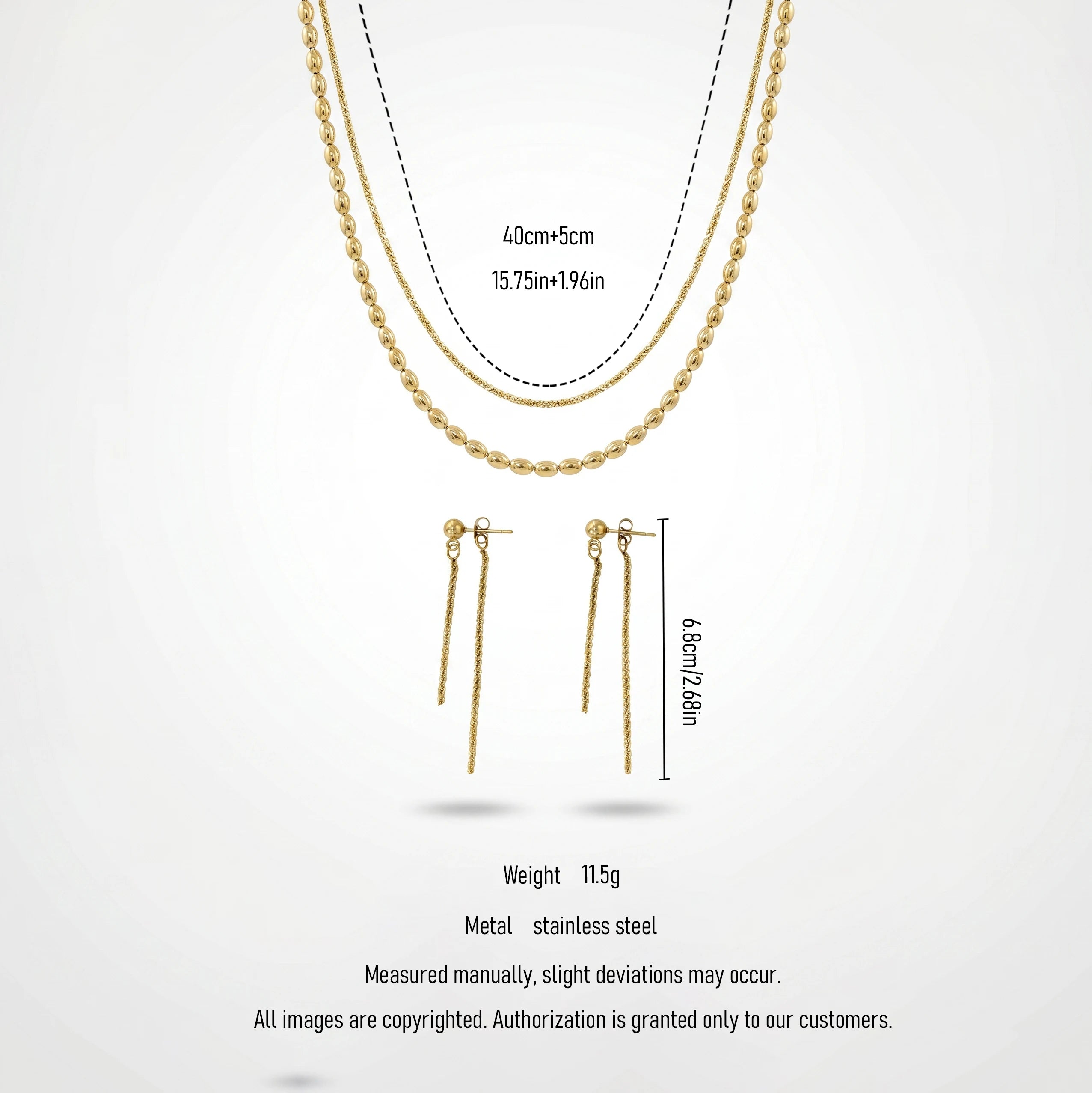 QIAOREN 11542 18K Gold Plated Oval Bead Chain & Tassel Drop Earrings Set Stainless Steel Tarnish Free