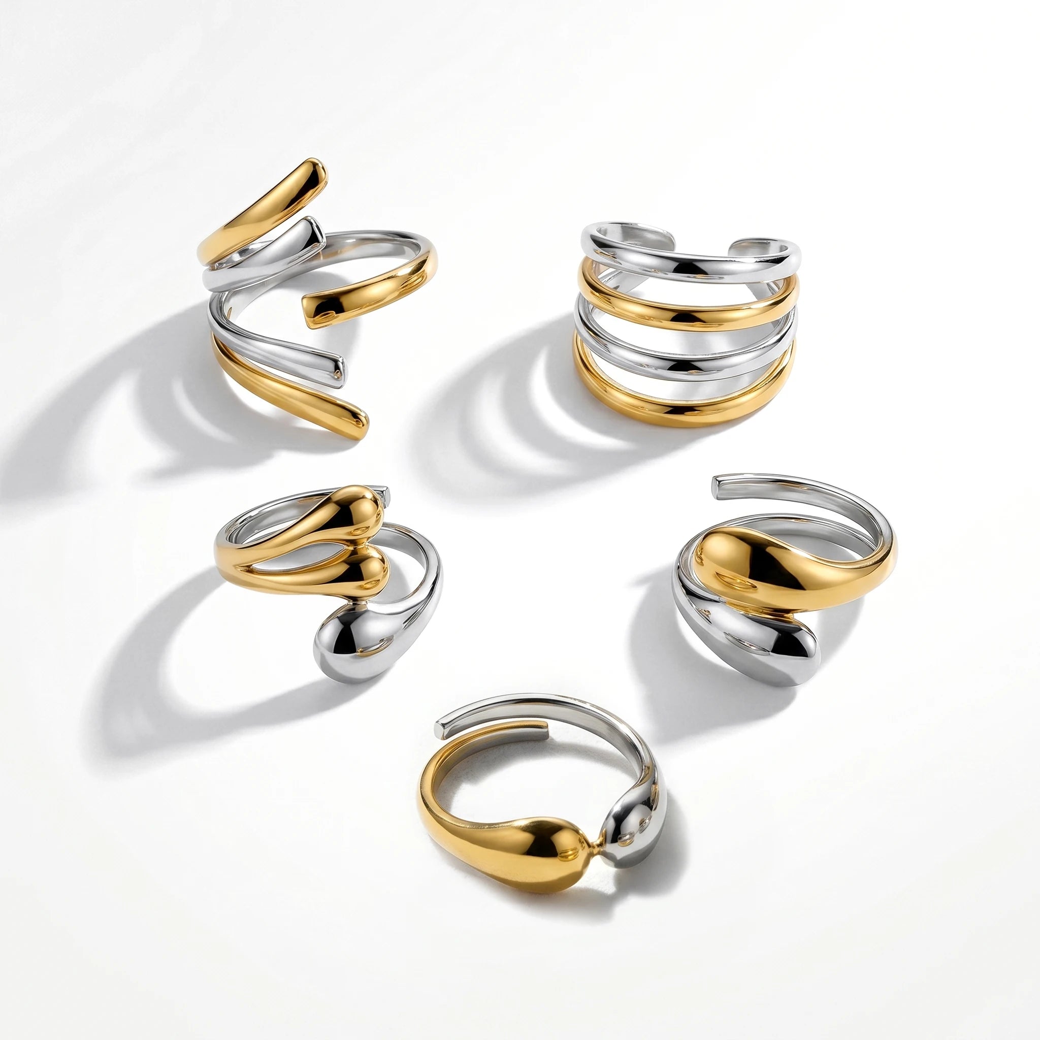QIAOREN 12998-01 Gold Silver Plated Adjustable Open Stack Ring Set for Women Minimalist Geometric Statement Rings