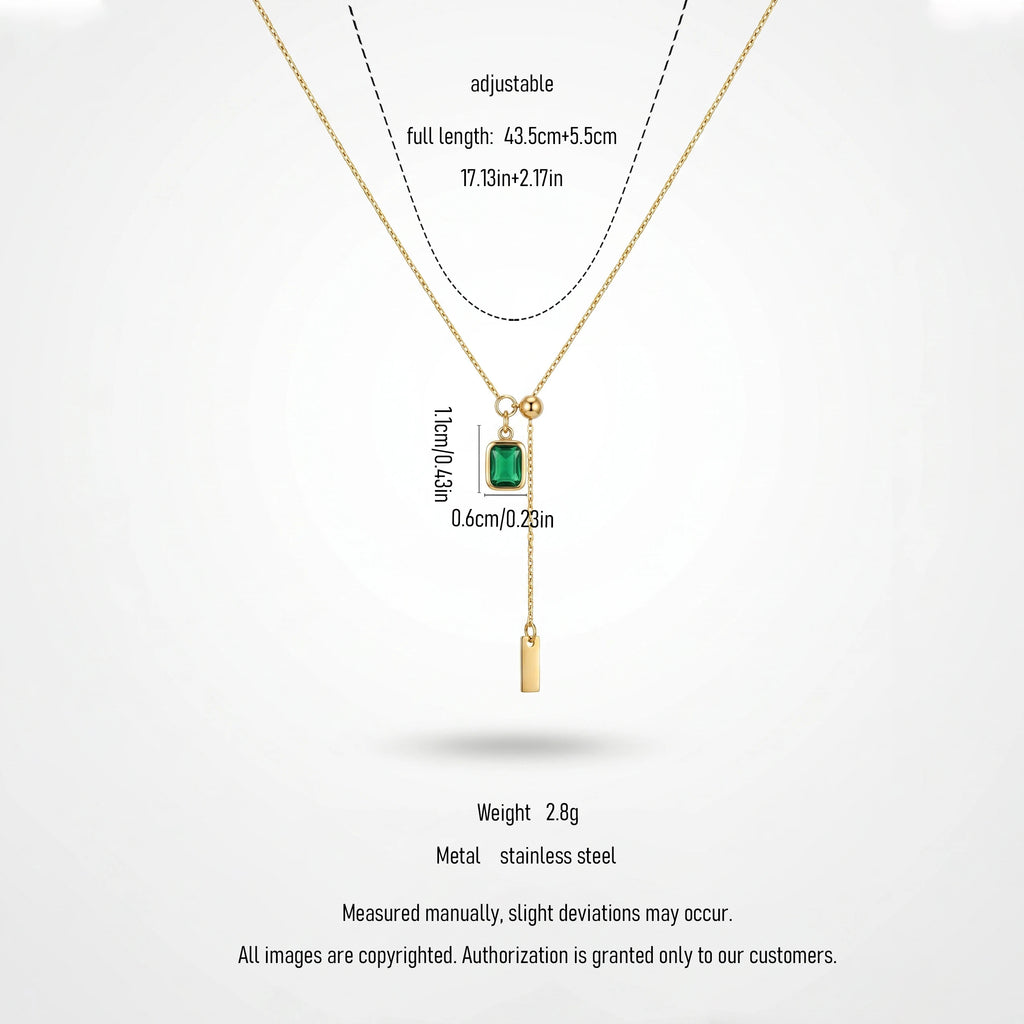 QIAOREN 13554 Stainless Steel Green Gemstone Pendant Necklace Gold Dainty Adjustable Chain Minimalist Jewelry for Women
