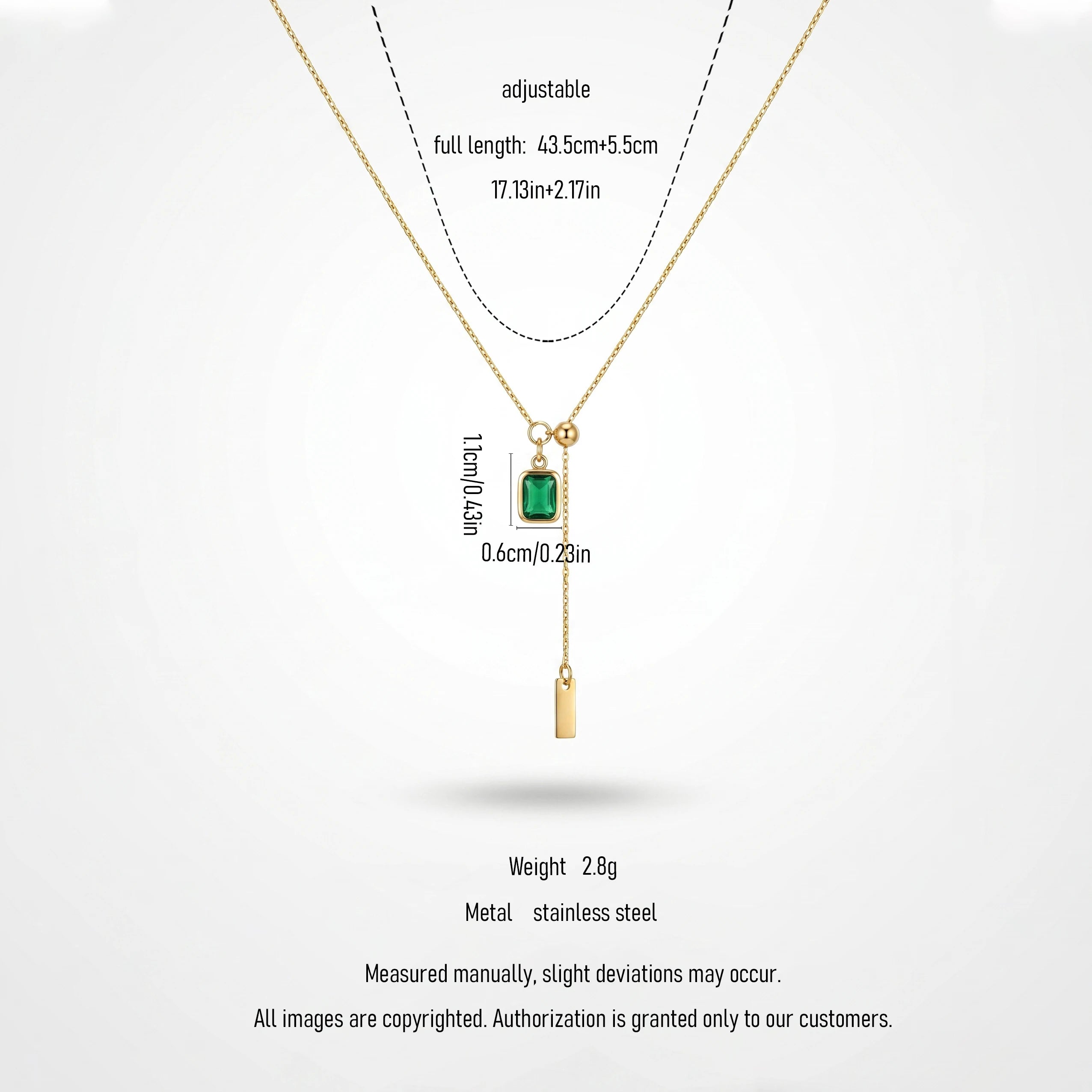 QIAOREN 13554 Stainless Steel Green Gemstone Pendant Necklace Gold Dainty Adjustable Chain Minimalist Jewelry for Women