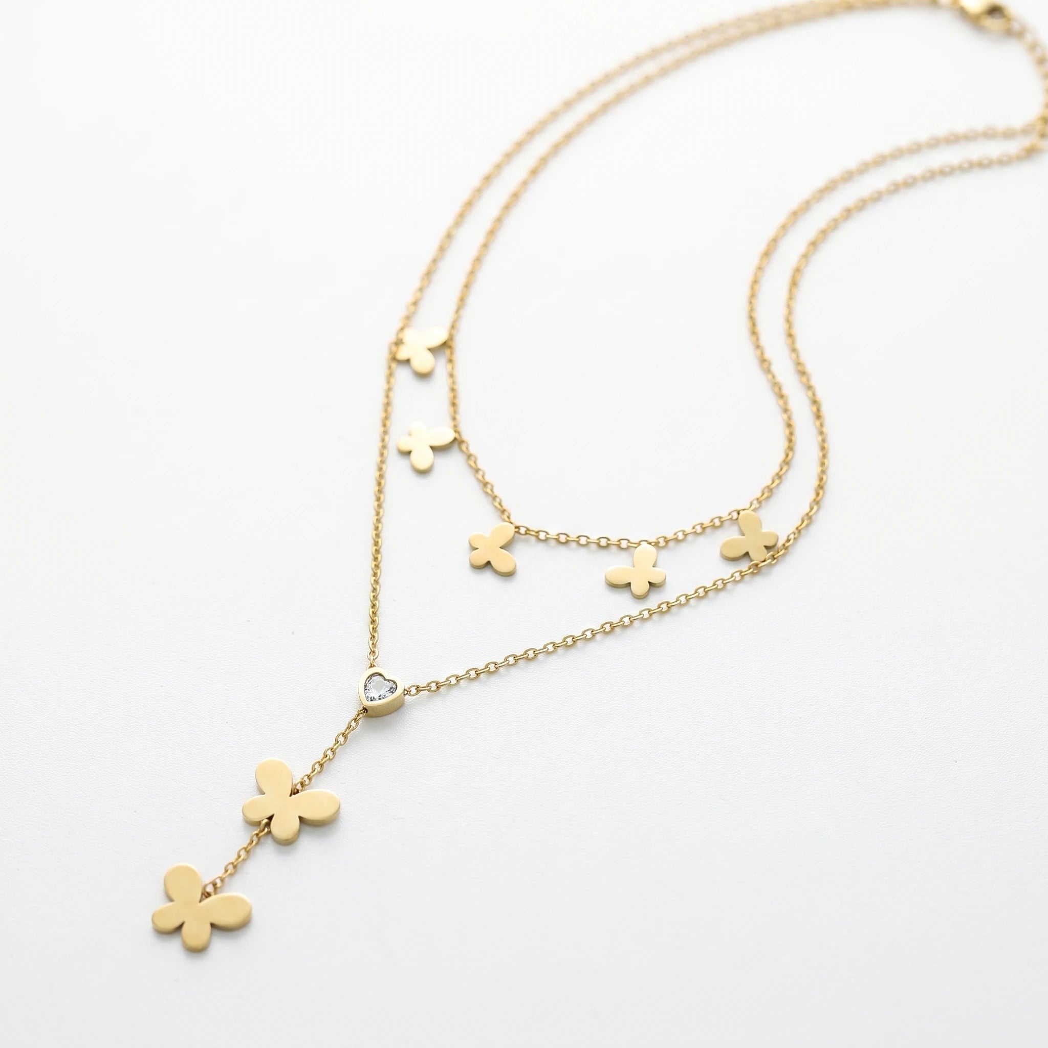 QIAOREN 13553 Stainless Steel Butterfly Layered Necklace Gold Butterfly Charm Pendant Double Layer Chain Jewelry for Women