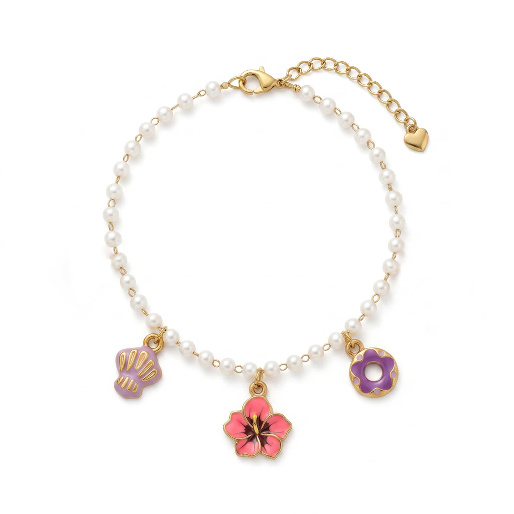QIAOREN 13309 Pearl Beaded Anklet Gold Stainless Steel Enamel Flower Shell Donut Charms Extender Dainty Summer Jewelry Gift