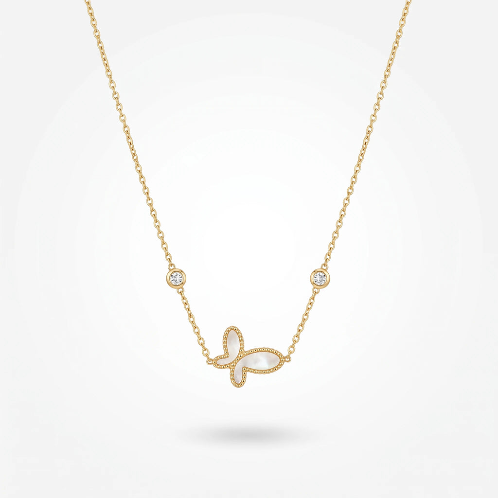 QIAOREN 13710 Thin Cable Chain Necklace with Hollow Beaded Border Butterfly Inlaid White Mother of Pearl & Dual Zircon