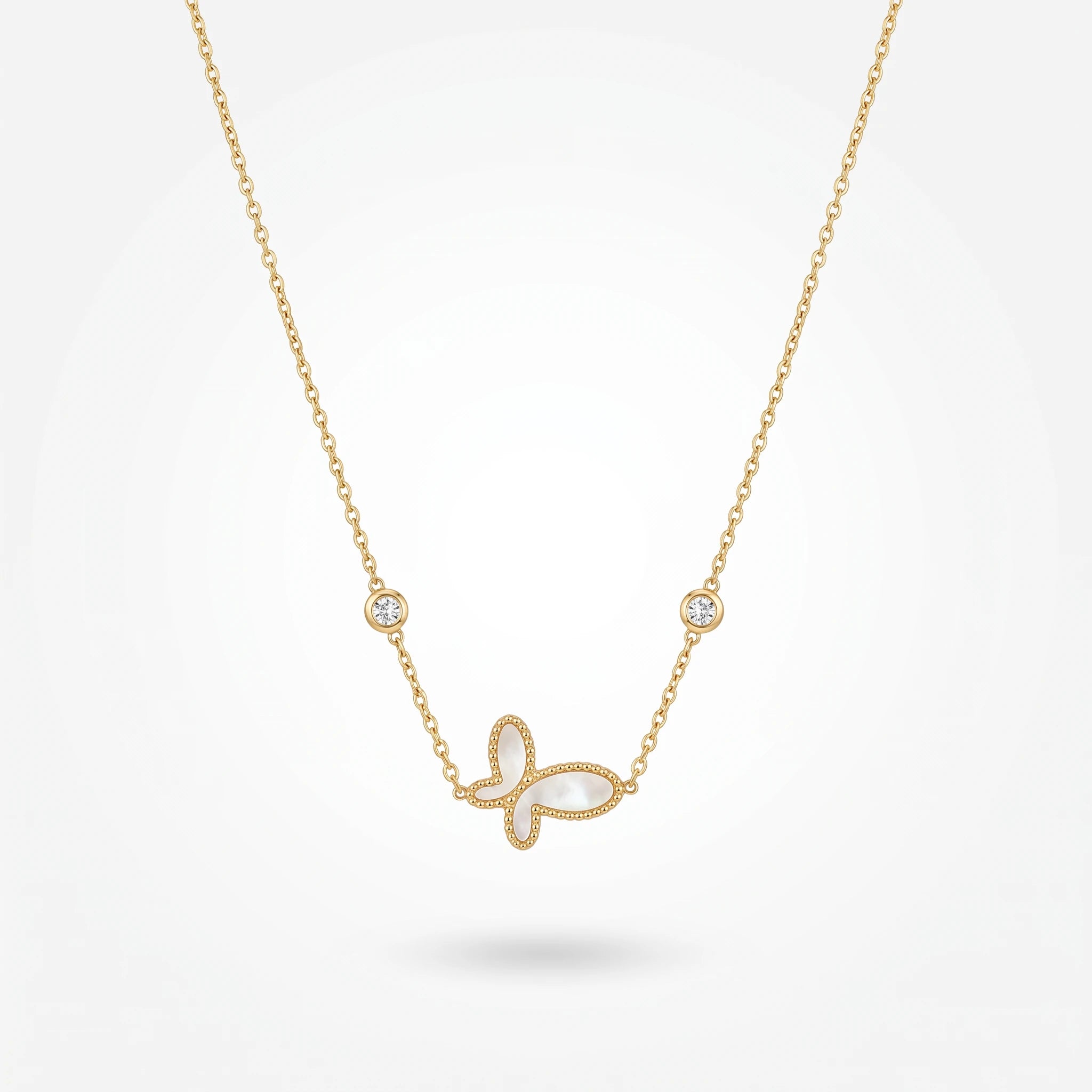 QIAOREN 13710 Thin Cable Chain Necklace with Hollow Beaded Border Butterfly Inlaid White Mother of Pearl & Dual Zircon