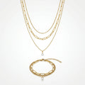 QIAOREN 11515 18K Gold Plated 3 Layered Pearl Pendant Necklace Bracelet Set Stainless Steel Tarnish Resistant