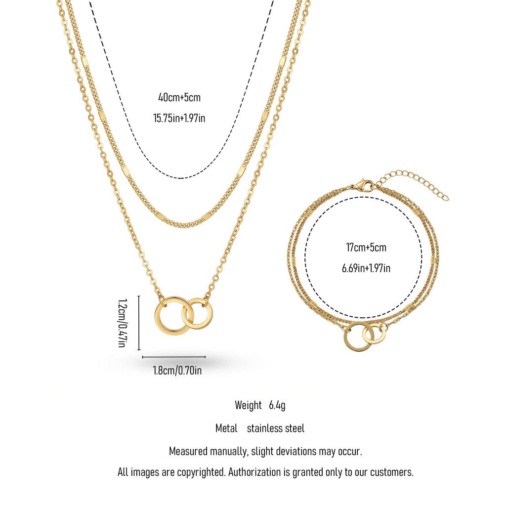 QIAOREN 11643 Tarnish Free 18K Gold Stainless Steel Interlocking Circles Jewelry Set Layered Necklace Double Chain Bracelet