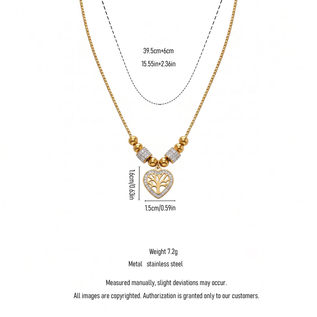 QIAOREN 13809 Thin Box Chain Pendant Necklace with Round Ball Beads & Two Paved CZ Tube Spacers, Hollow Heart Frame Life