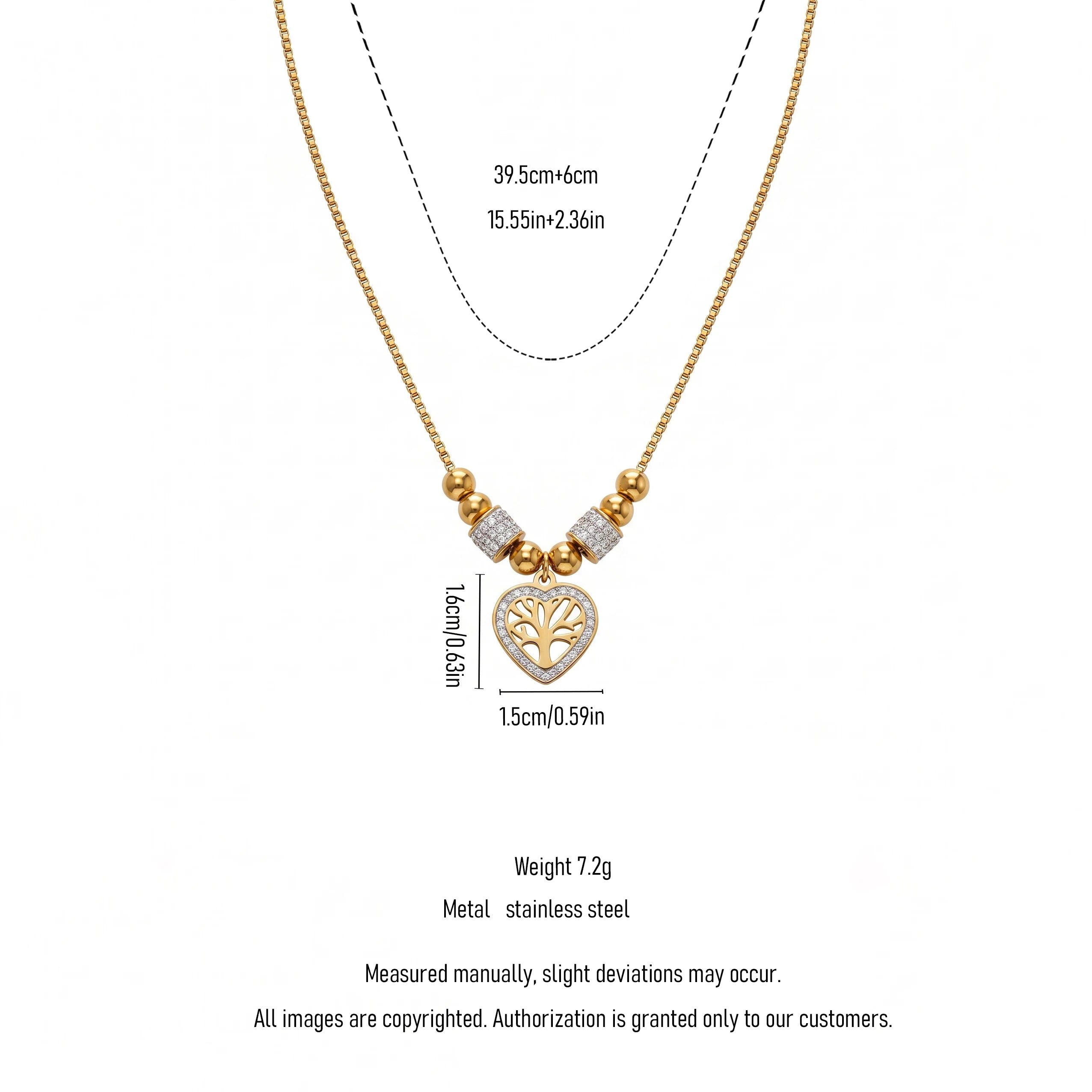 QIAOREN 13809 Thin Box Chain Pendant Necklace with Round Ball Beads & Two Paved CZ Tube Spacers, Hollow Heart Frame Life