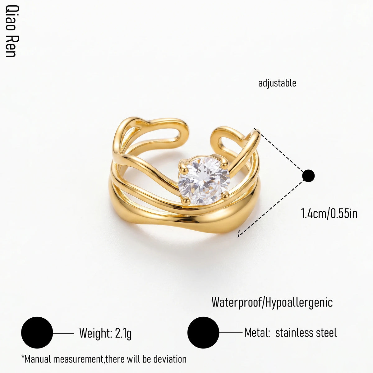 QIAOREN 14262-68 Vintage Floral Spiral Leaf Open Cuff Ring Collection, Adjustable Stackable Statement Rings with Zircon