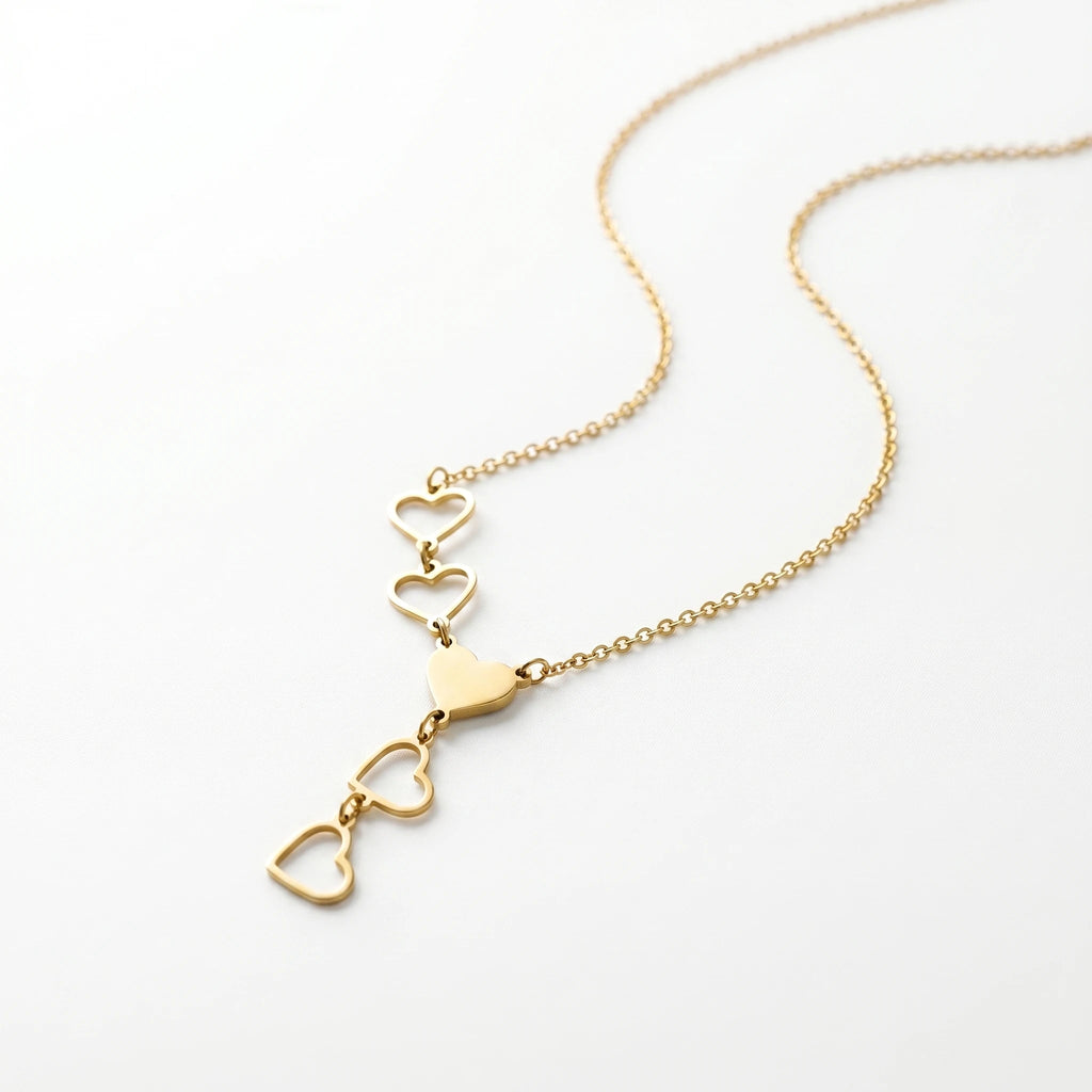 QIAOREN 12884 18K Gold Plated Stainless Steel Heart Y Necklace, Waterproof Tarnish Free Dainty Heart Lariat Jewelry for Her