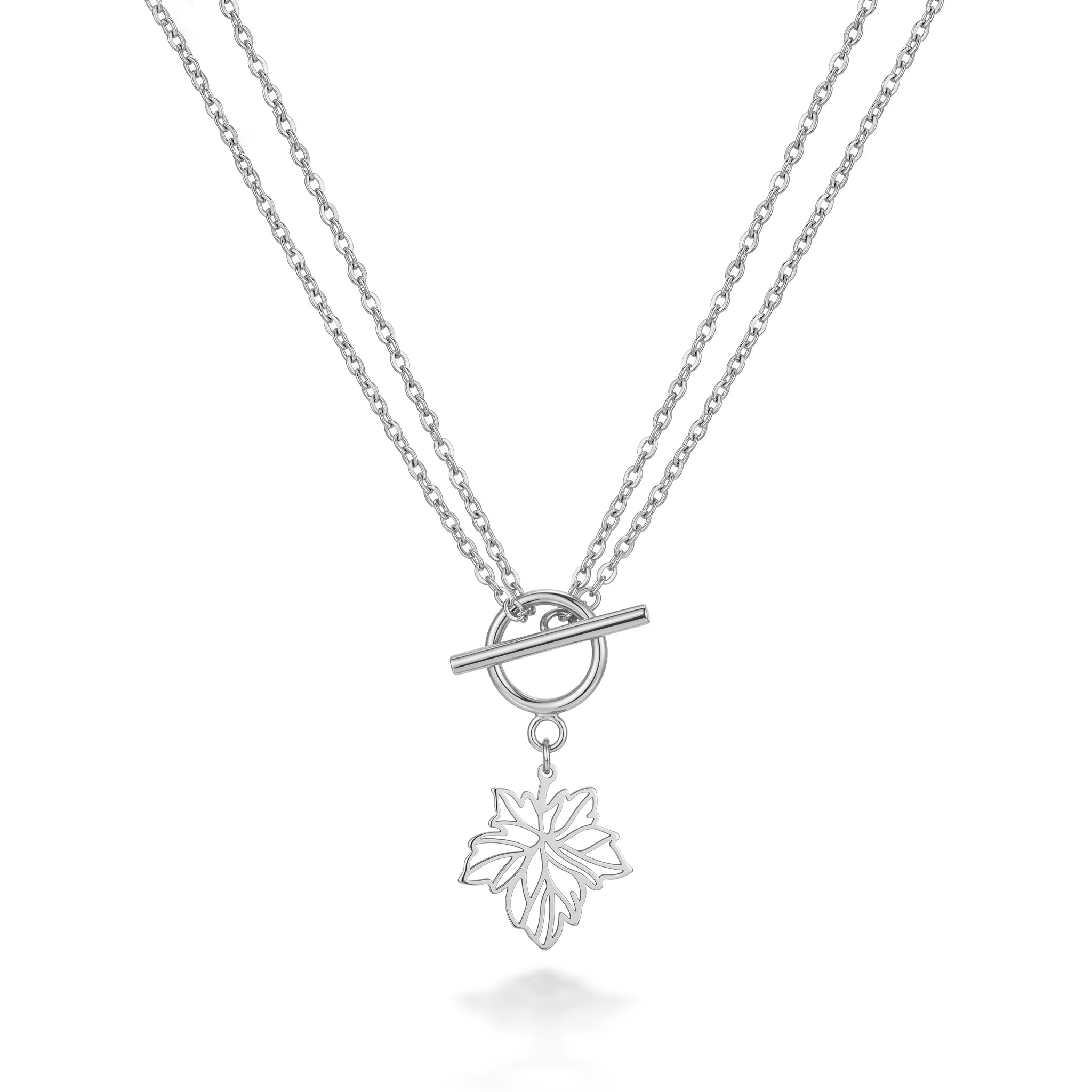 QIANREN 11975 Europe Hot Selling Hypoallergenic Stainless Steel OT Toggle Necklace Openwork Maple Leaf Pendant  Chain Necklaces