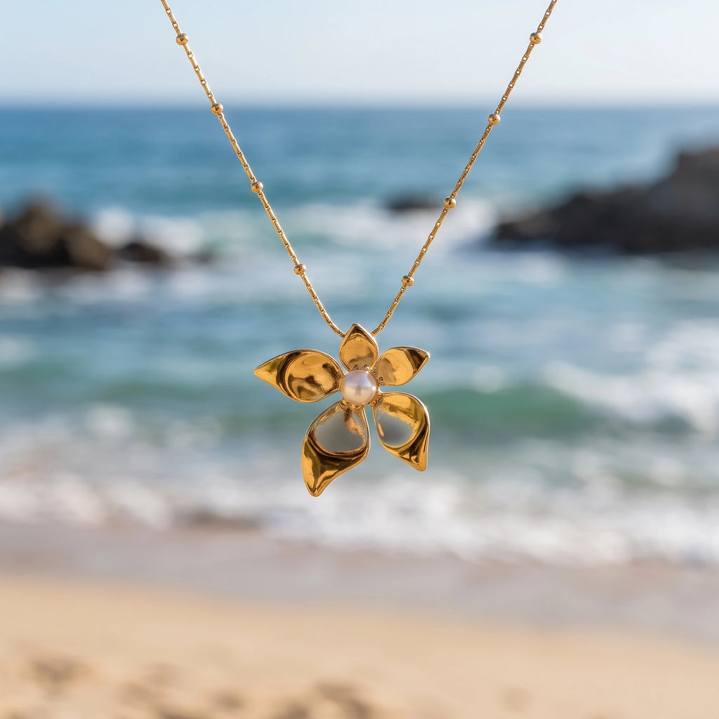 QIAOREN 13998 Beaded Oval Link Chain Pendant Necklace with Five Petal Flower Charm Centered with Round Pearl
