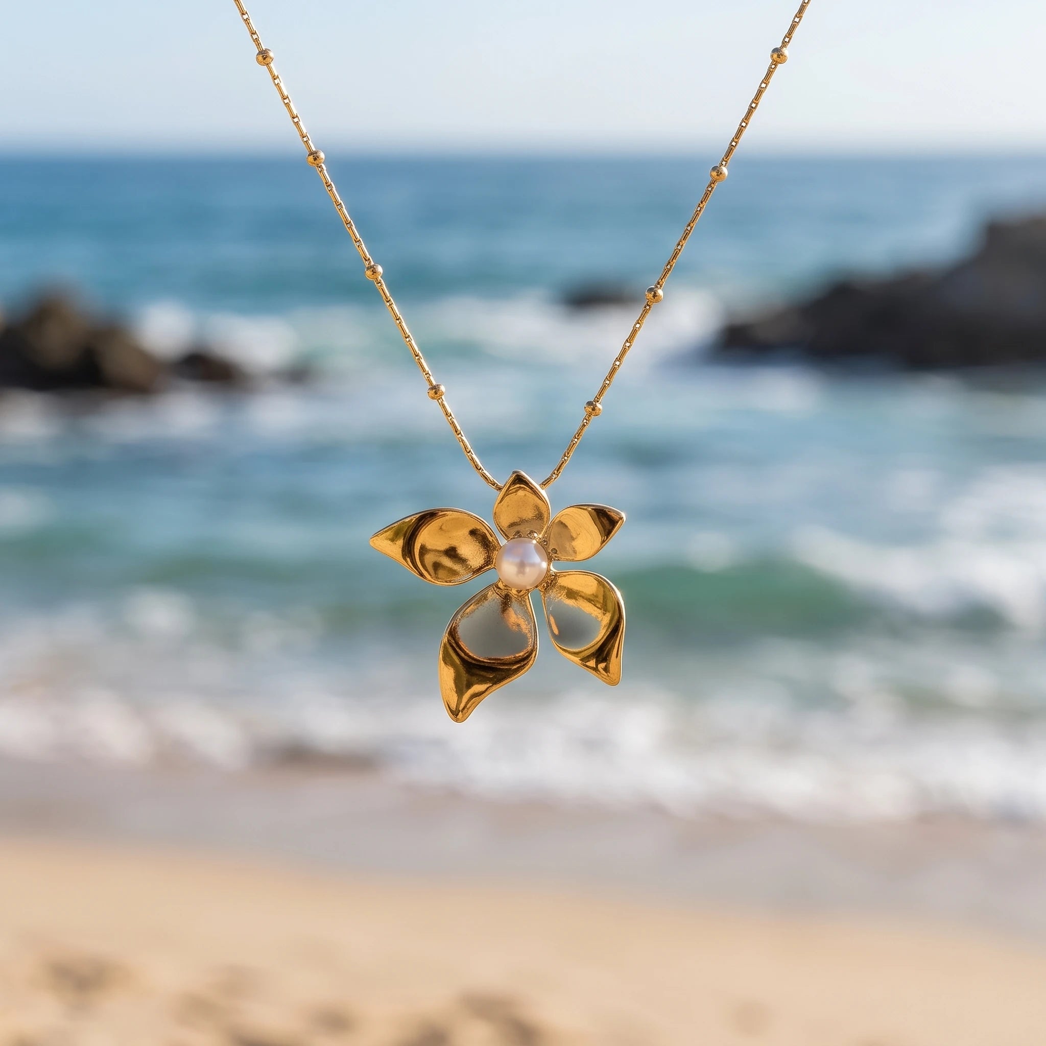 QIAOREN 13998 Beaded Oval Link Chain Pendant Necklace with Five Petal Flower Charm Centered with Round Pearl