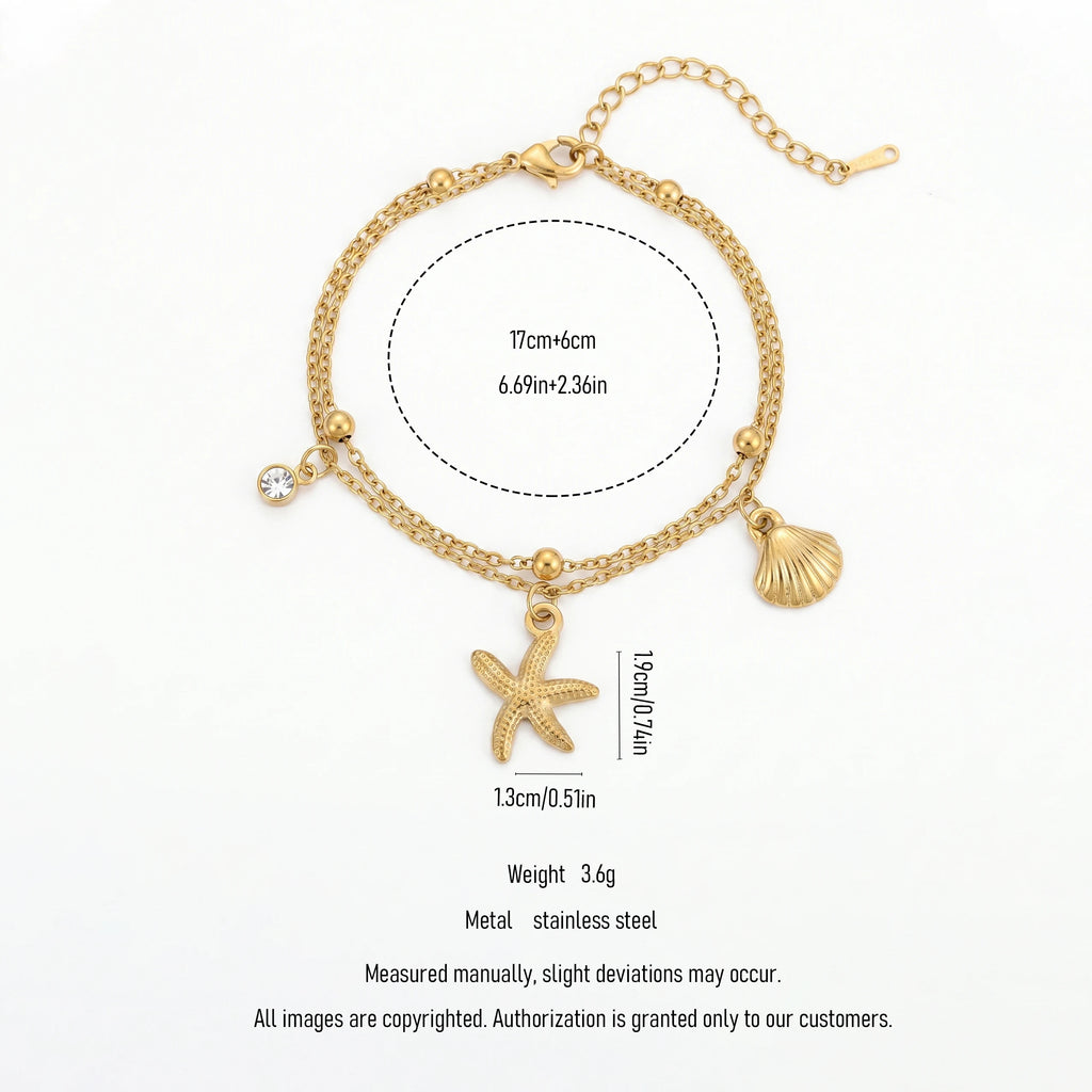 QIAOREN 11437 Dainty Boho Ocean Theme Bracelet With Starfish Seashell CZ Accent 18K Gold Plated Stainless Steel