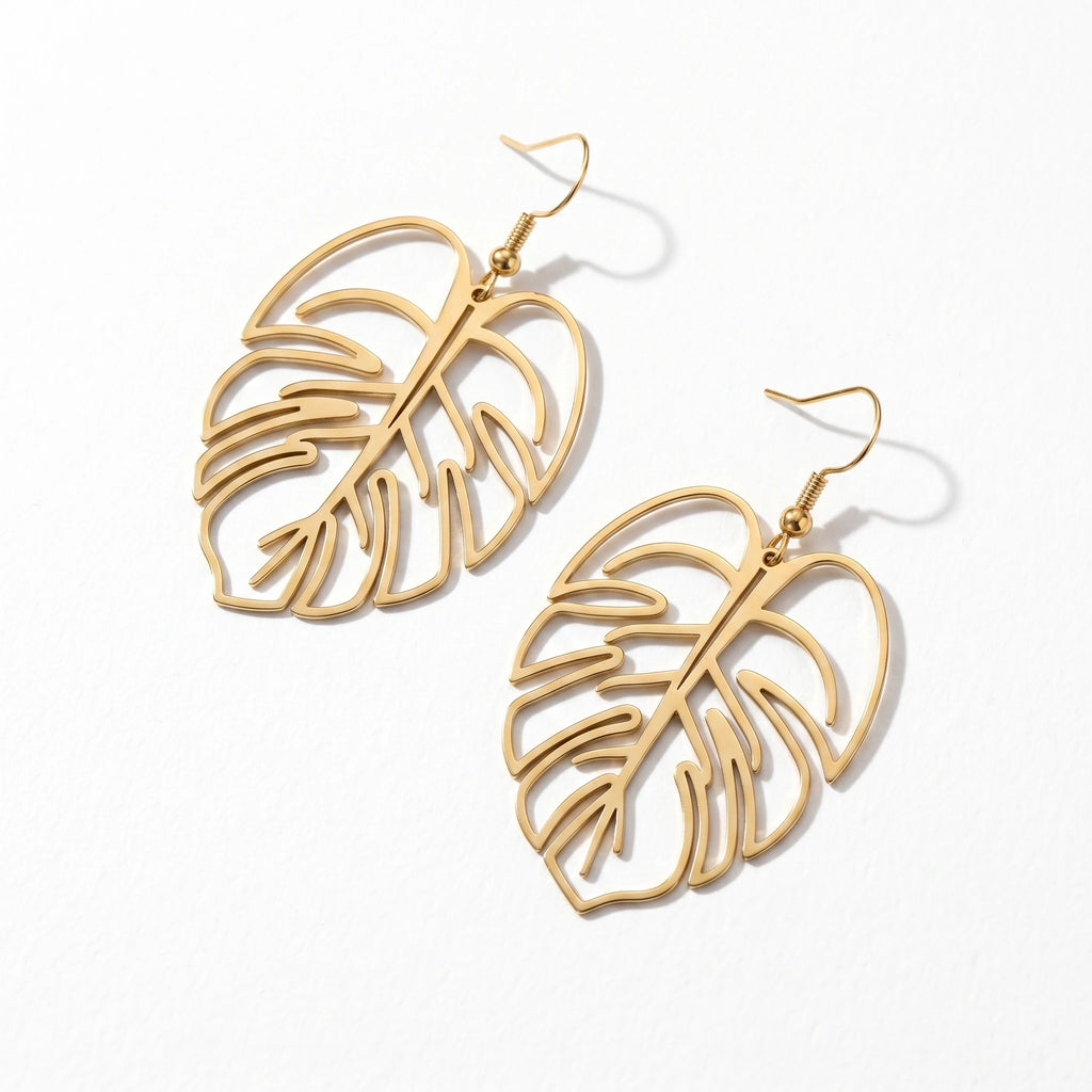 QIAOREN 10843 Trendy Tarnish Resistant Stainless Steel Tropical Leaf and Hoop Earrings 18K Gold Plated