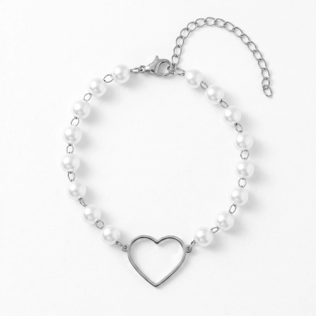 QIAOREN11950Trendy White Pearl Beaded Heart Bracelet Stainless Steel 18K Gold Plated Hollow Open Heart Romantic Jewelry US EU
