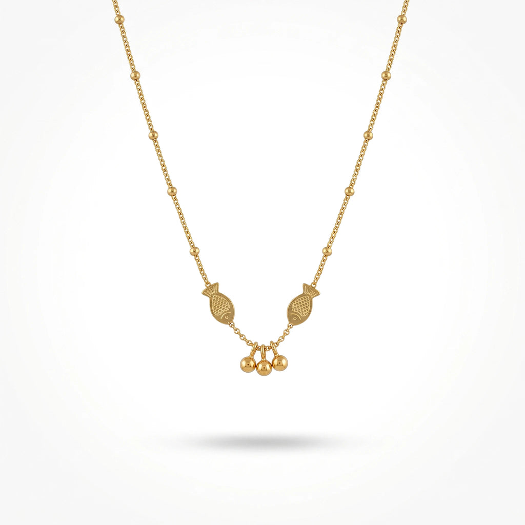 QIAOREN 13992 Beaded Cable Chain Pendant Necklace with Two Textured Fish Charms and Dangling Smooth Round Beads