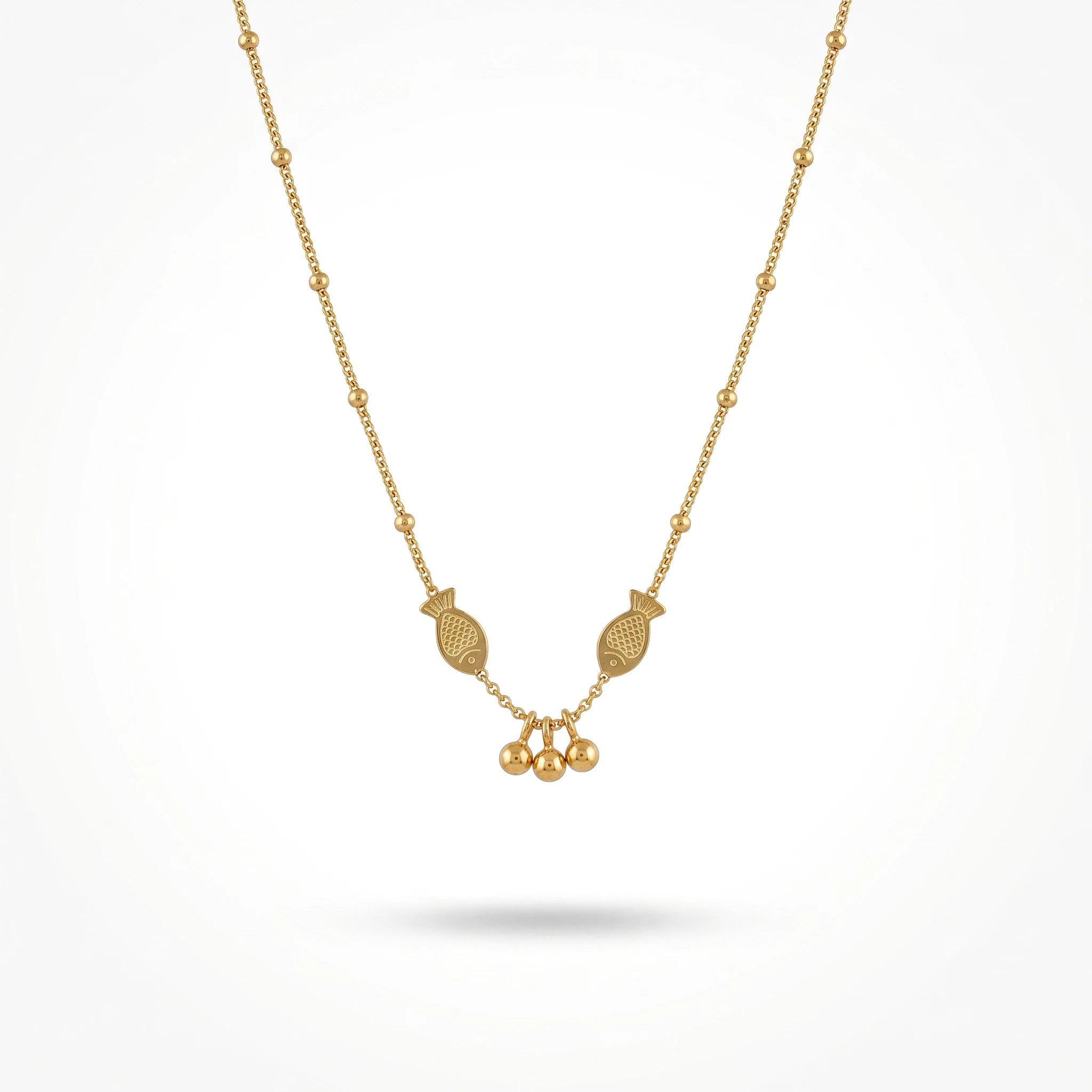 QIAOREN 13992 Beaded Cable Chain Pendant Necklace with Two Textured Fish Charms and Dangling Smooth Round Beads