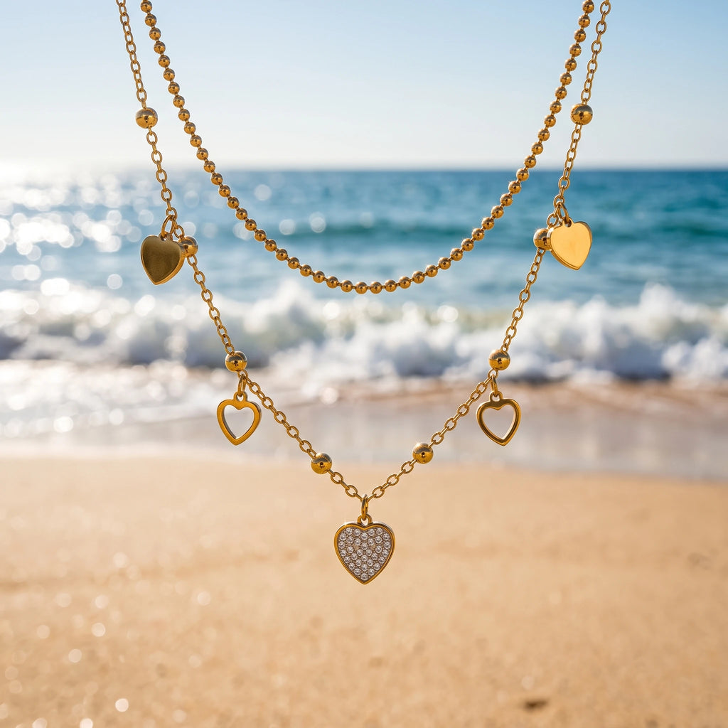 QIAOREN 13814 Fashion Double Layer Beaded Ball Chain Heart Pendant Necklace with Solid & Hollow Heart Charms, Central Paved CZ